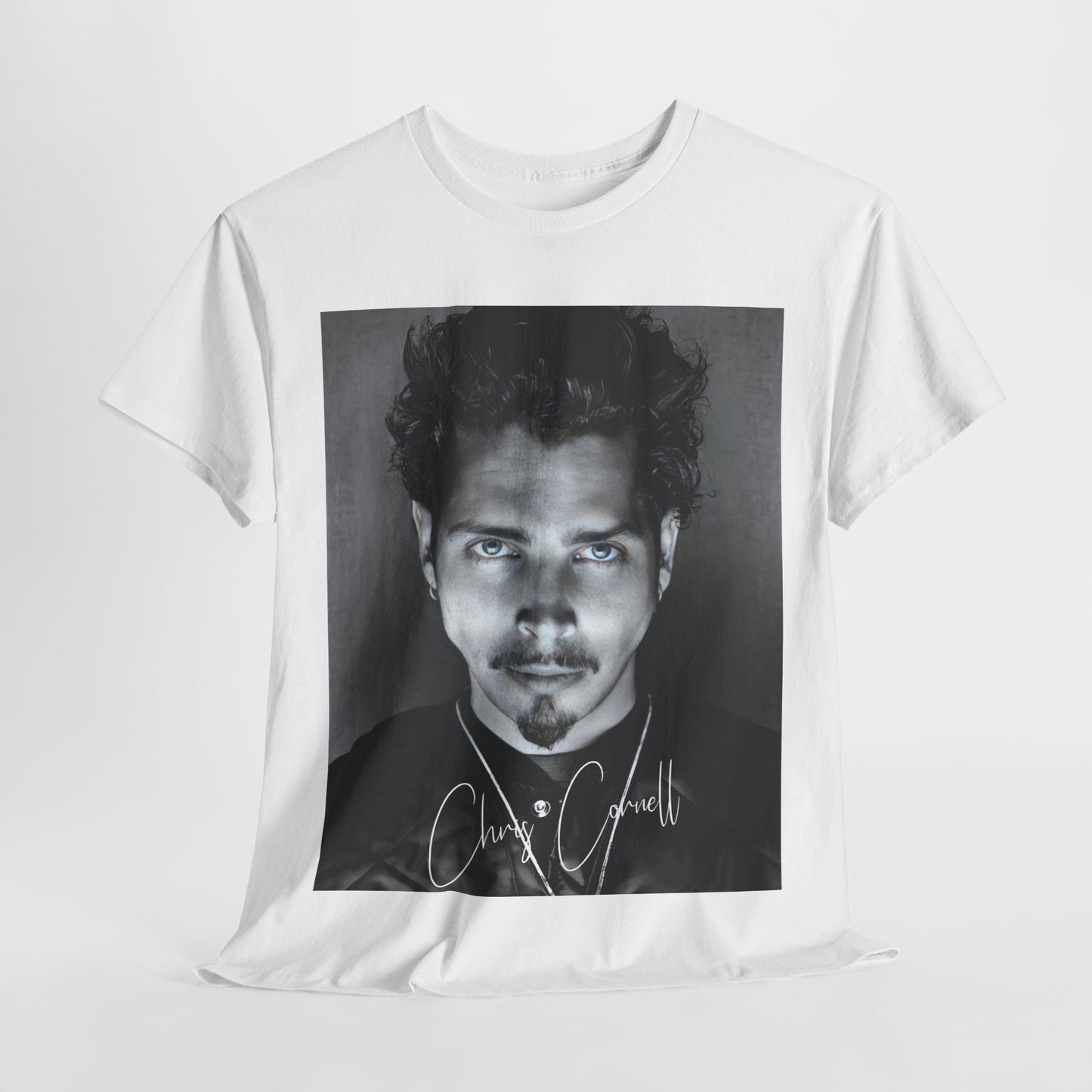 A black graphic t-shirt featuring a retro graphic inspired by Soundgarden's 'Black Hole Sun' and Chris Cornell.