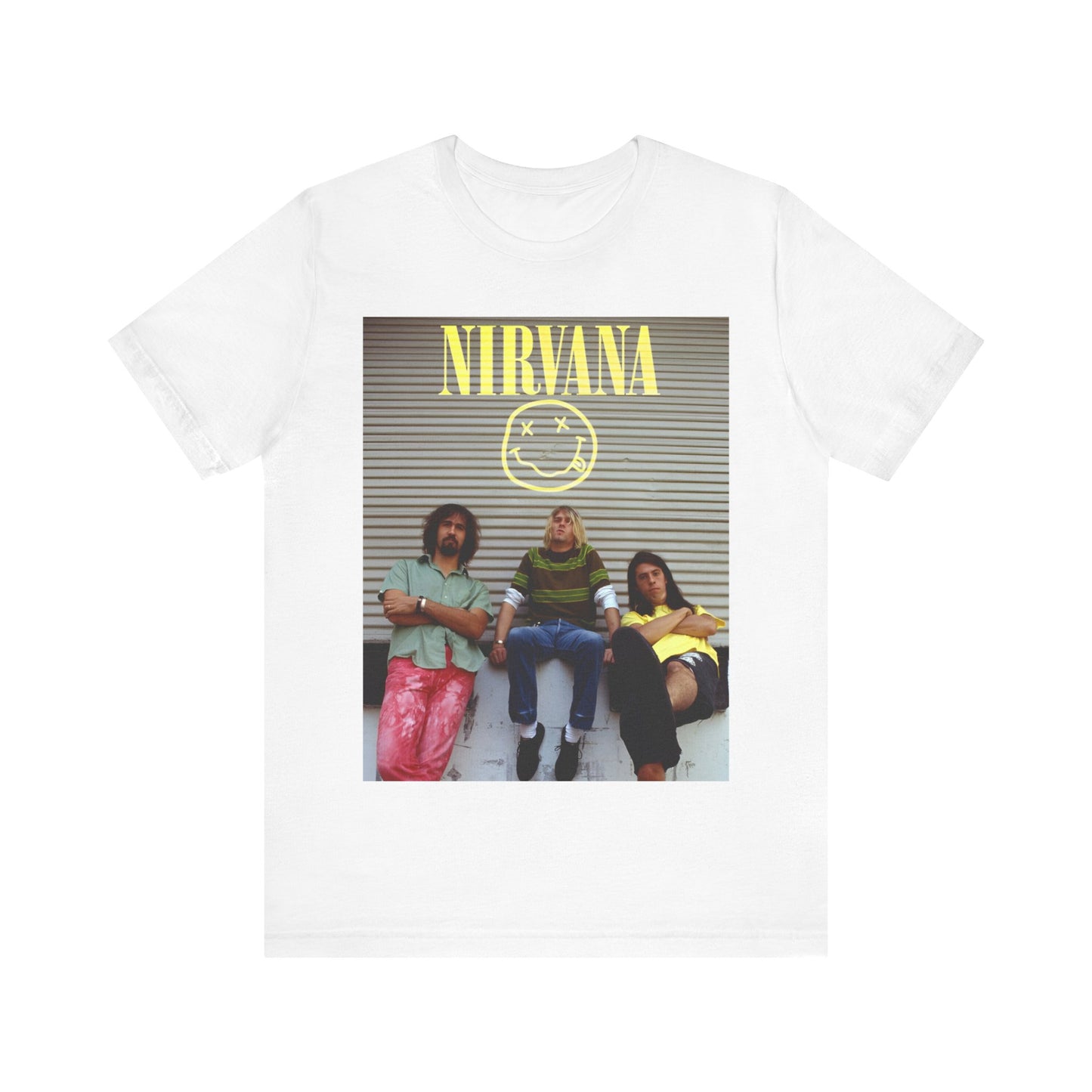 A black graphic t-shirt featuring an early days band photo of Nirvana.