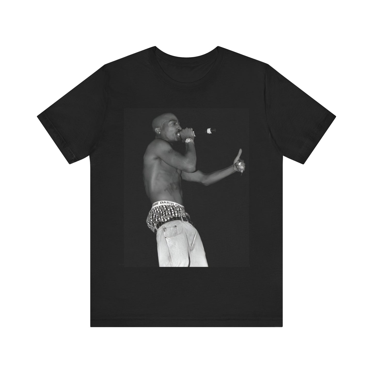 A black graphic t-shirt featuring a graphic of Tupac as a justice fighter.