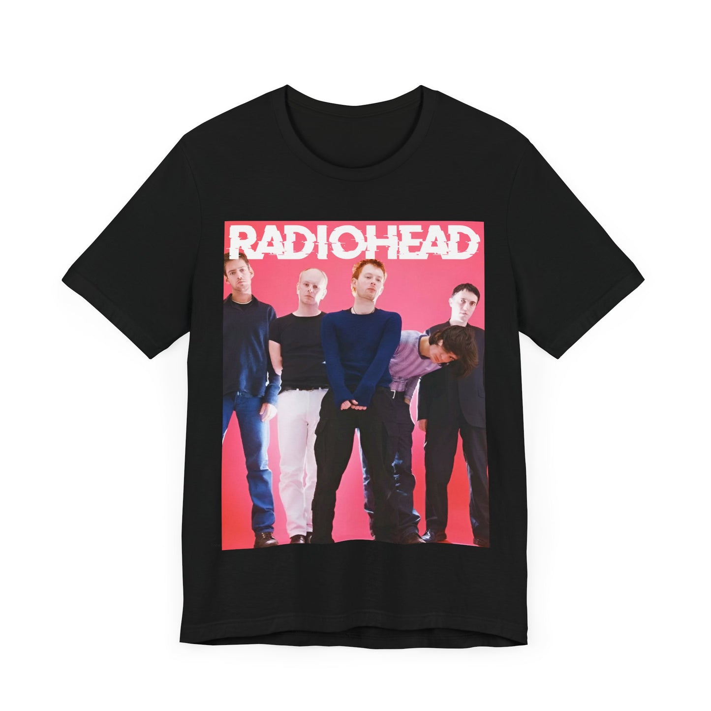 A black graphic t-shirt featuring a 90s alternative aesthetic graphic of Radiohead.