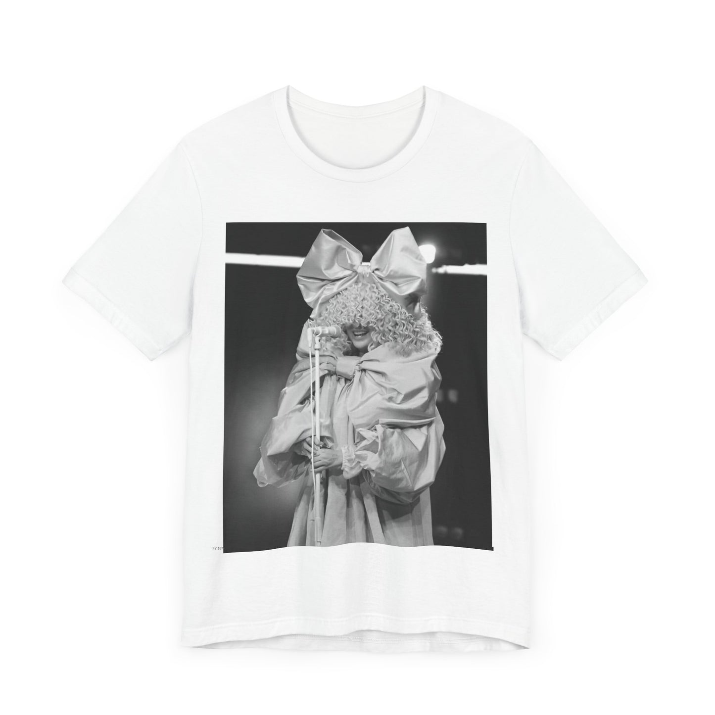A black graphic t-shirt featuring a black and white, monochrome graphic or photo of Sia.
