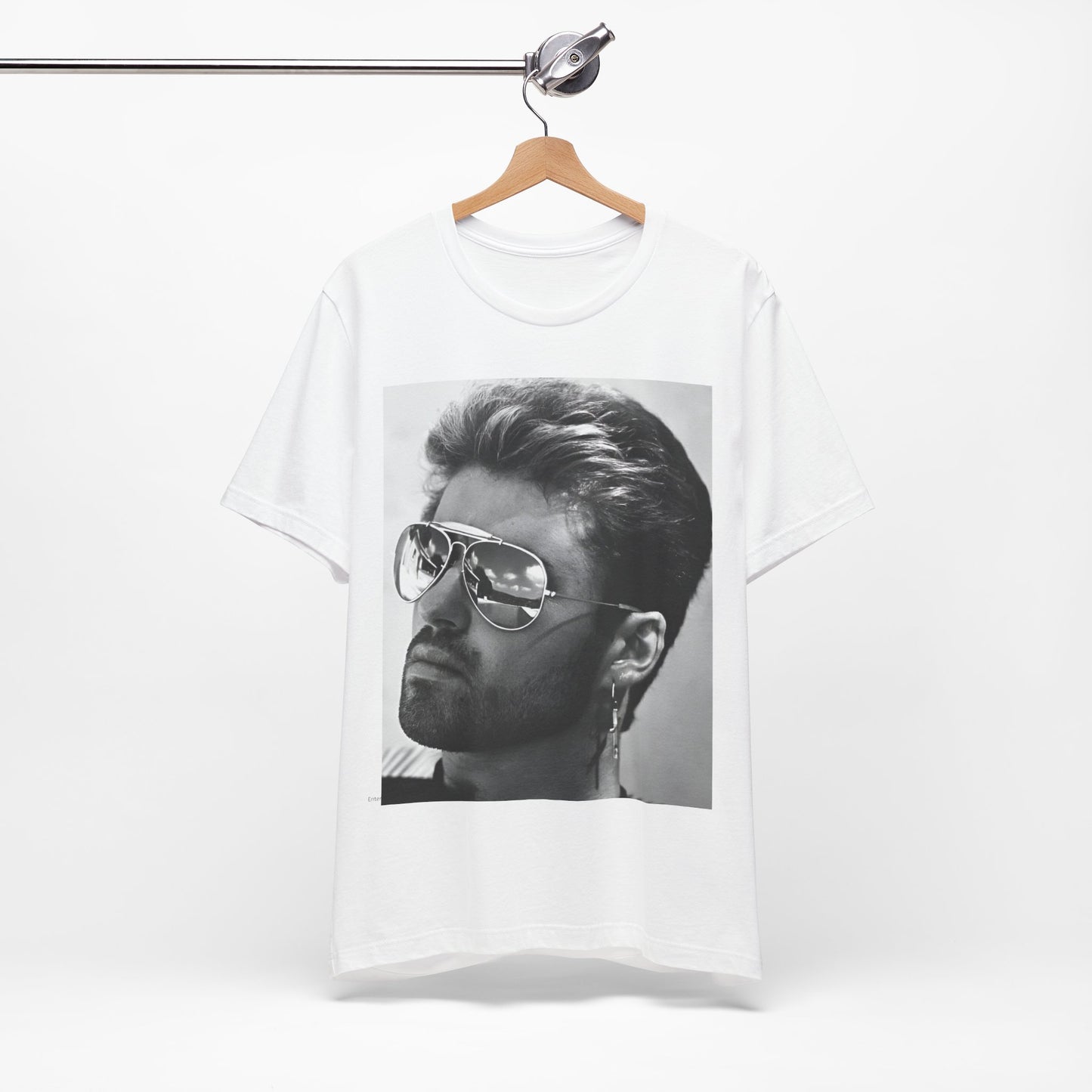 A black graphic t-shirt featuring a photo of George Michael wearing iconic sunglasses.