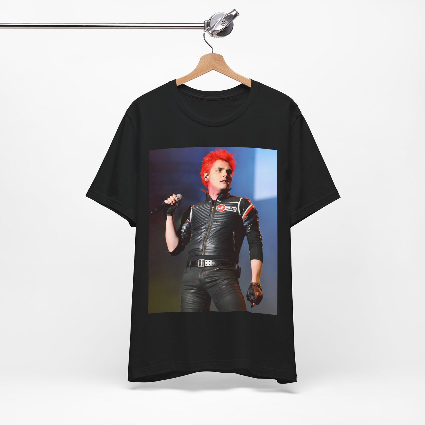A black graphic t-shirt featuring a graphic related to My Chemical Romance's emo revival era.