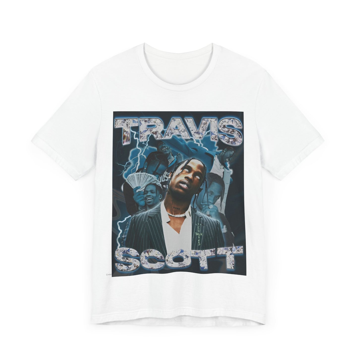 A black graphic t-shirt featuring a 90s bootleg style graphic of Travis Scott.