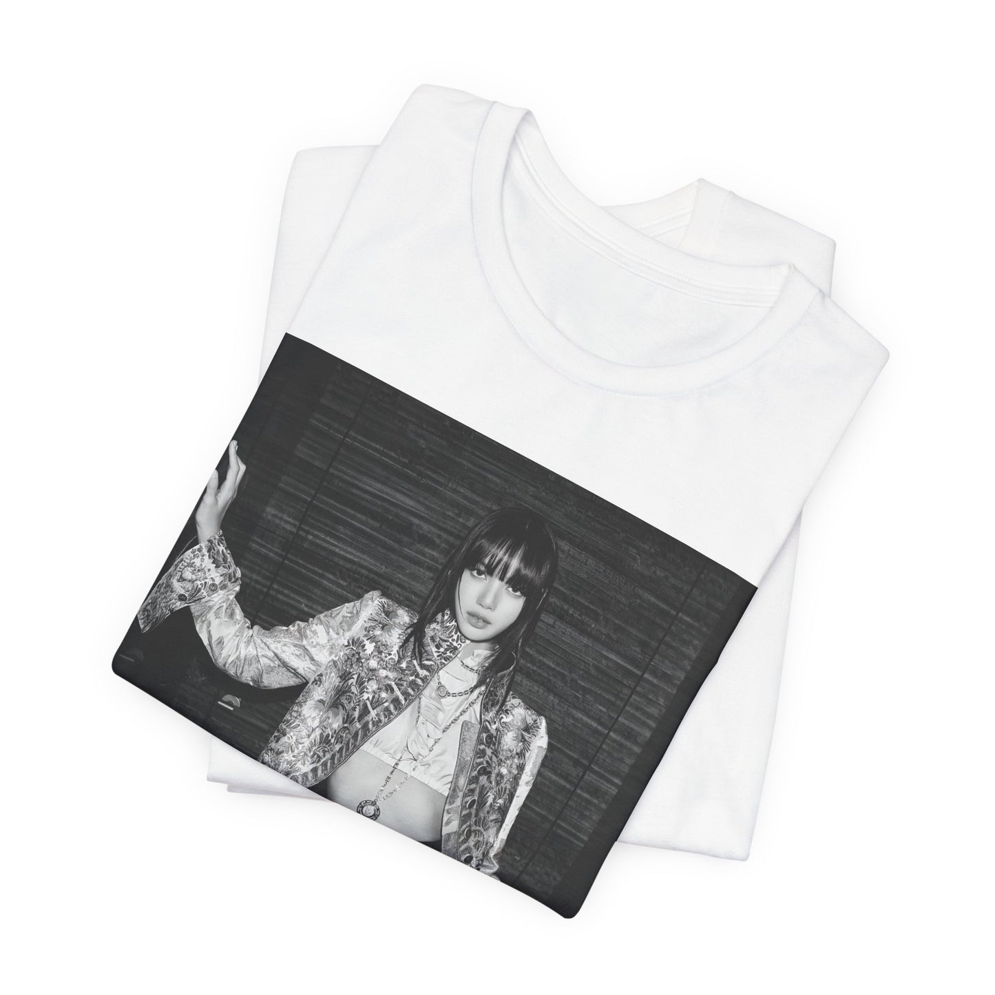 A black graphic t-shirt featuring a black and white, monochrome graphic or photo of Lisa.