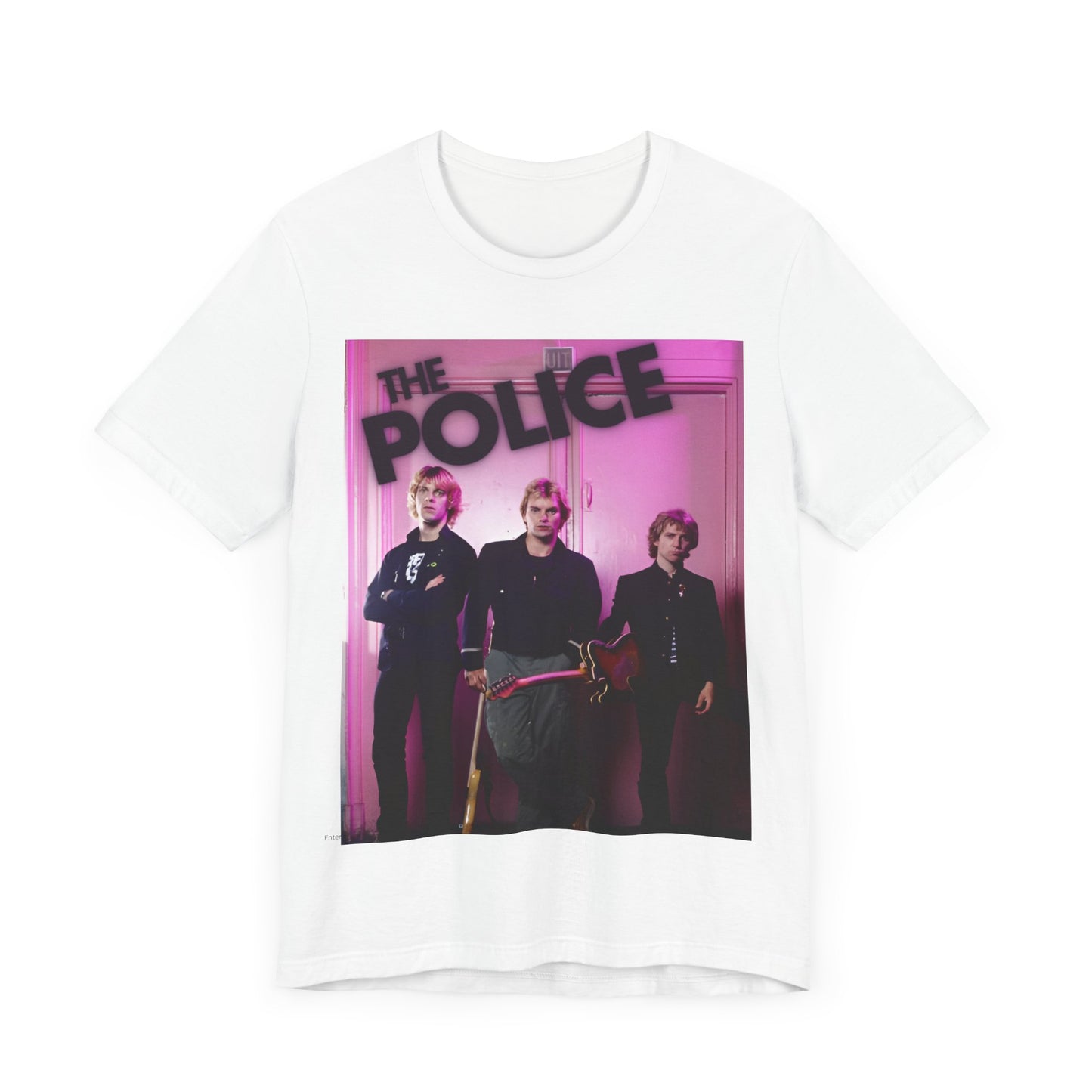 A black graphic t-shirt featuring a classic graphic related to The Police's 'Roxanne' song or era.
