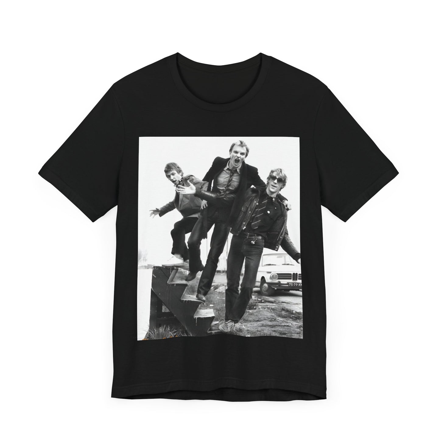 A black graphic t-shirt featuring an early days reggae rock graphic of The Police.