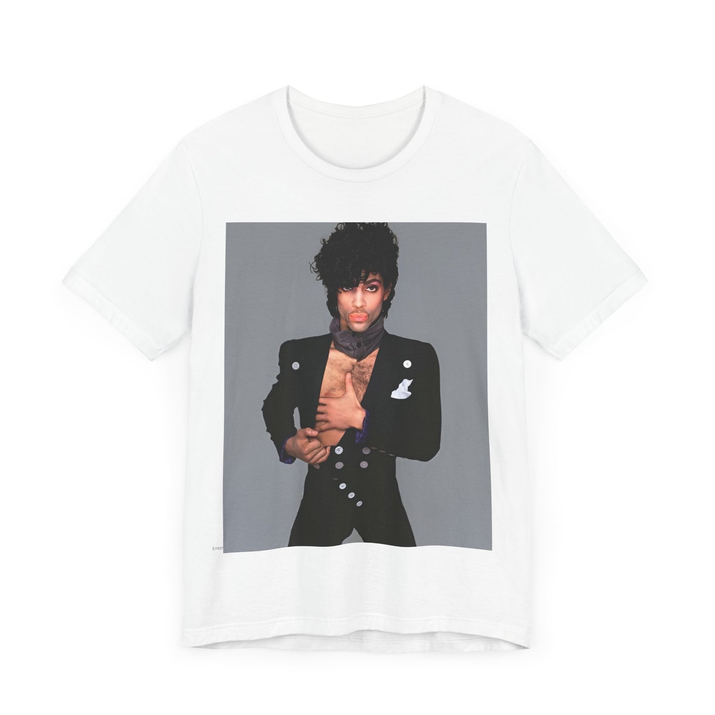 A black graphic t-shirt featuring a 90s vintage funk pop icon graphic of Prince.
