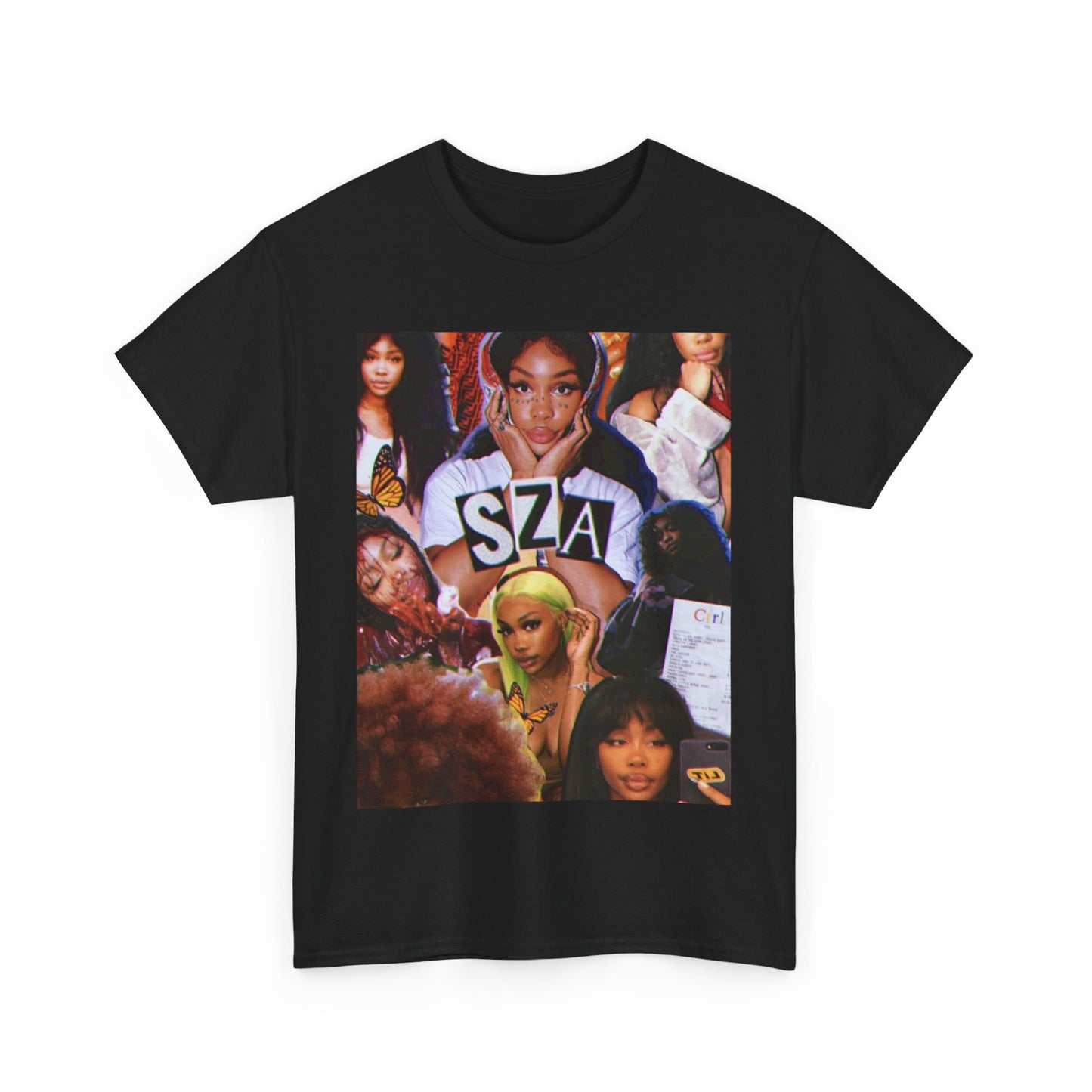 A black graphic t-shirt featuring a bootleg graphic of SZA.