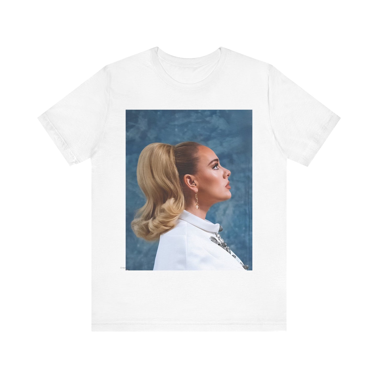 A black graphic t-shirt featuring a black and white photo of Adele in a vintage glamorous look, with classic hair and makeup.