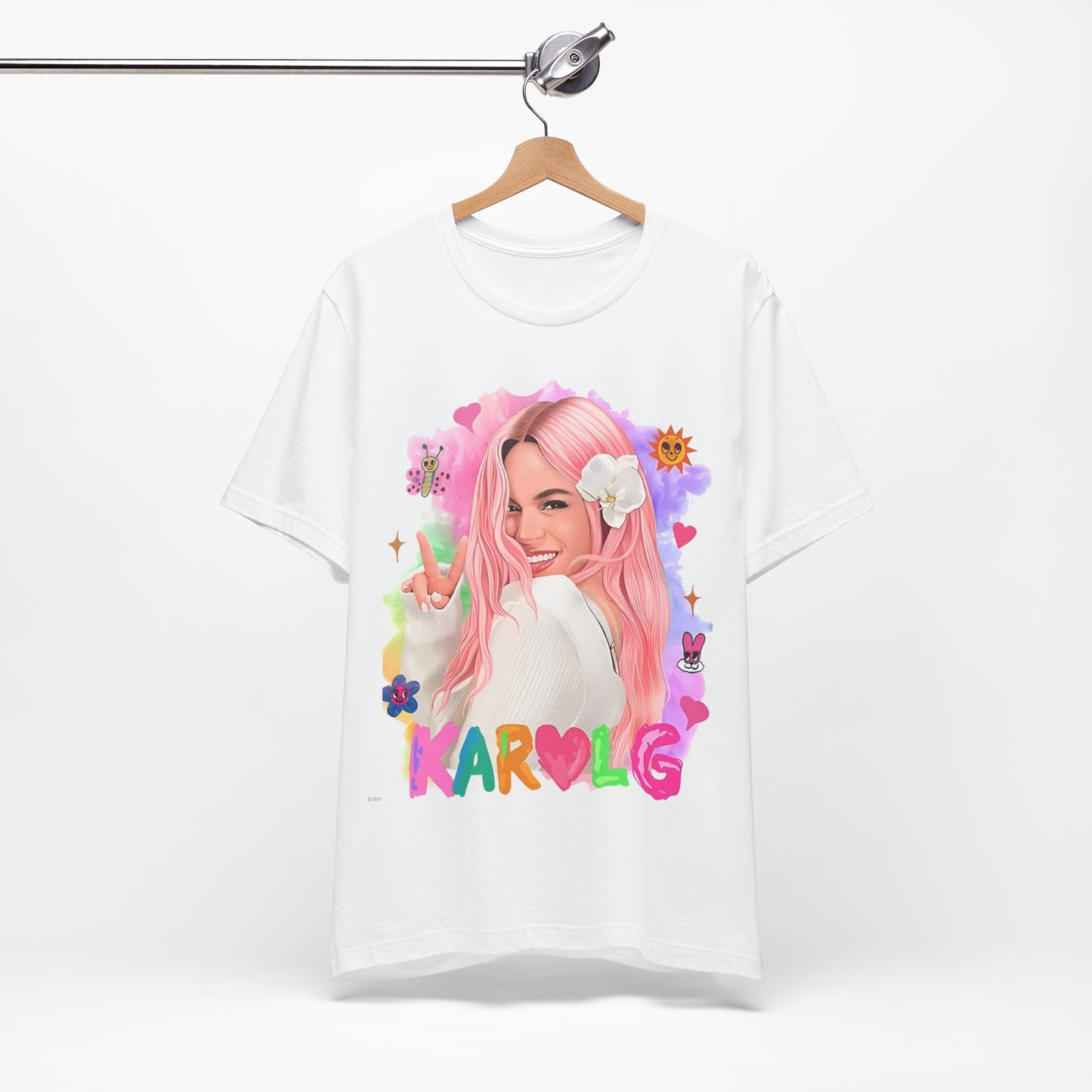 A black graphic t-shirt featuring a vintage graphic of Karol G, emphasizing her 'Bichota' persona.