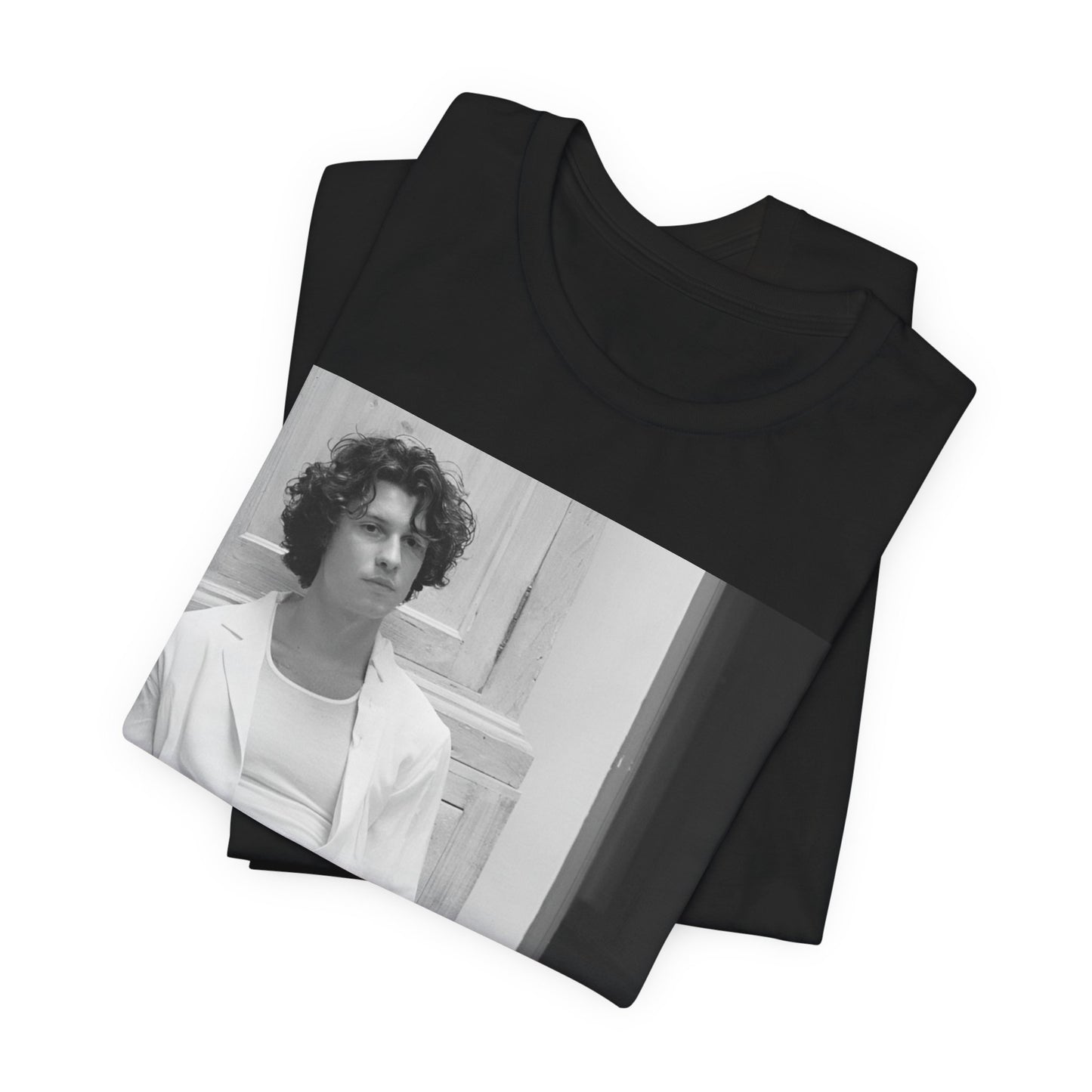 A black graphic t-shirt featuring a vintage casual style graphic of Shawn Mendes.