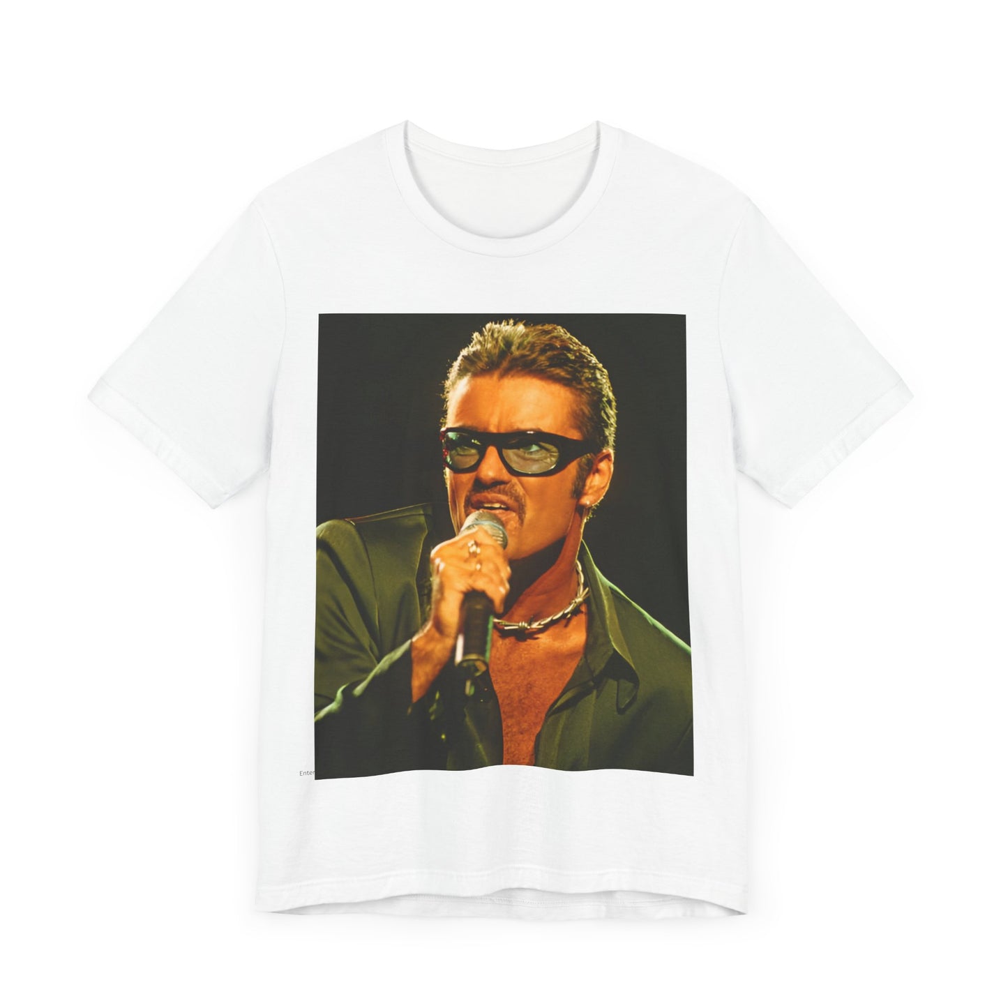 A black graphic t-shirt featuring a graphic related to George Michael's 'Freedom! '90' song.
