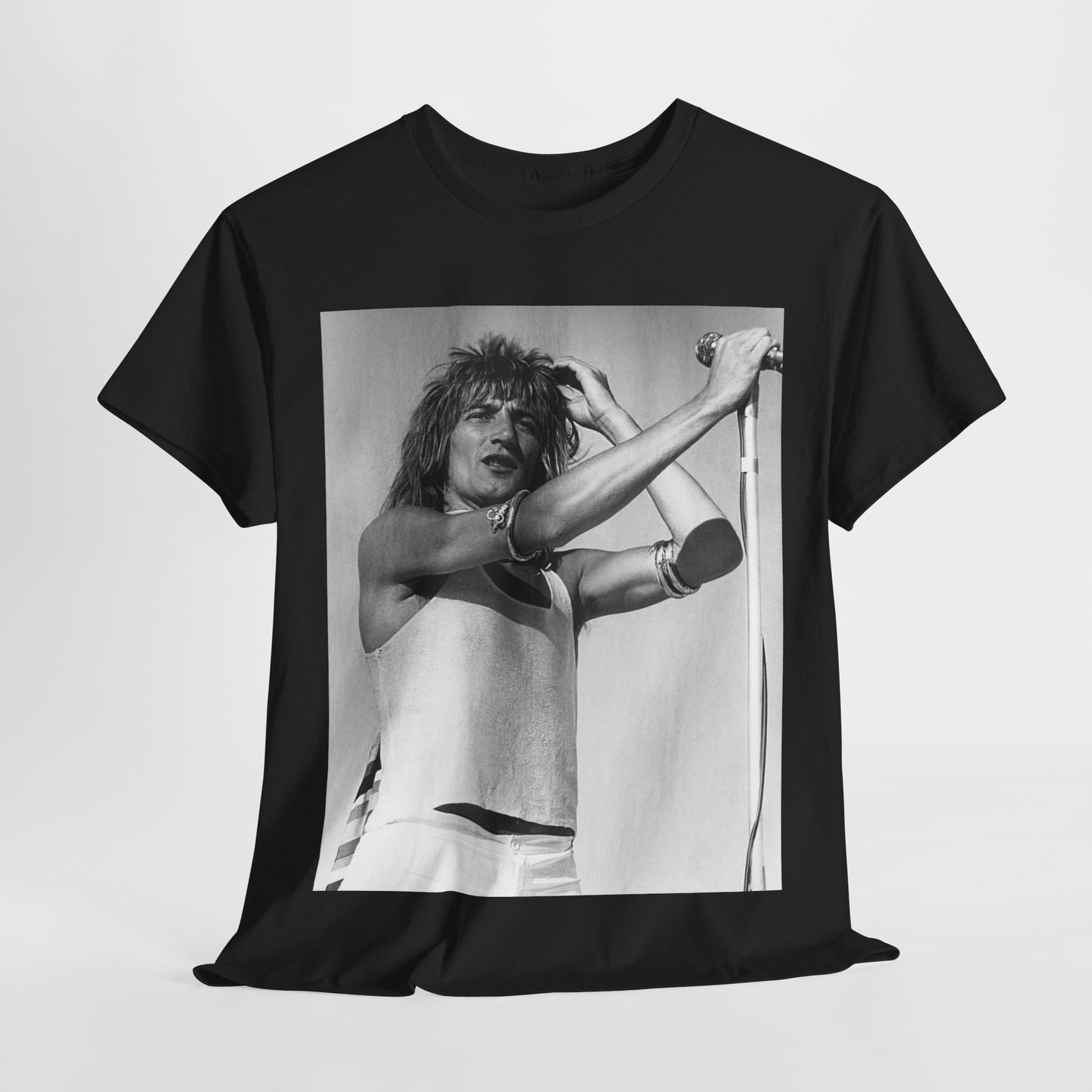 A black graphic t-shirt featuring a vintage black and white graphic or photo of Rod Stewart on tour.