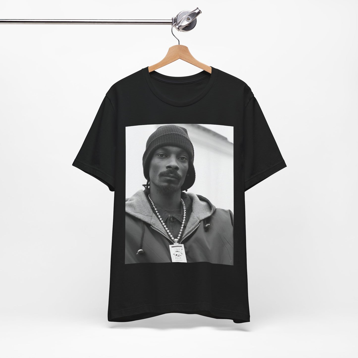 A black graphic t-shirt featuring a black and white, monochrome graphic of Snoop Dogg with an OG cool vibe.