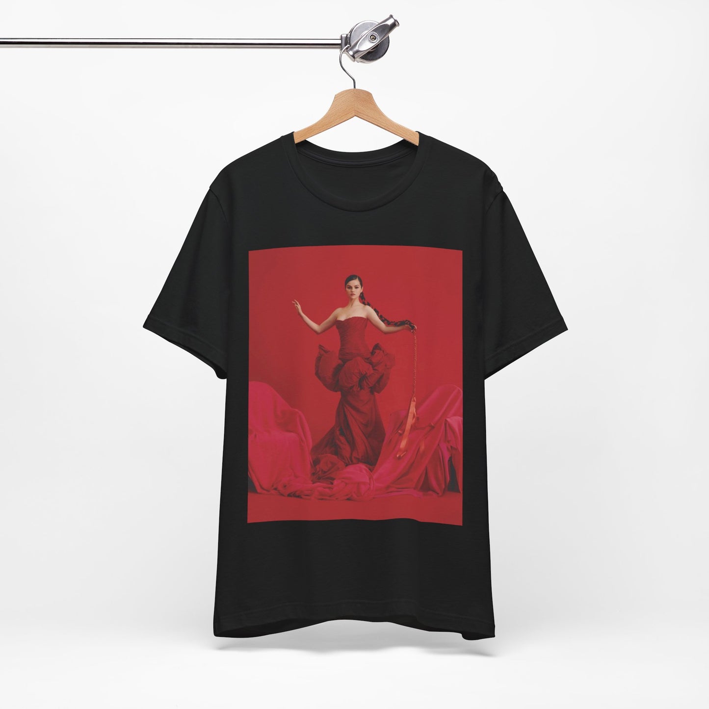 A black graphic t-shirt featuring a glam pop diva graphic of Selena Gomez.