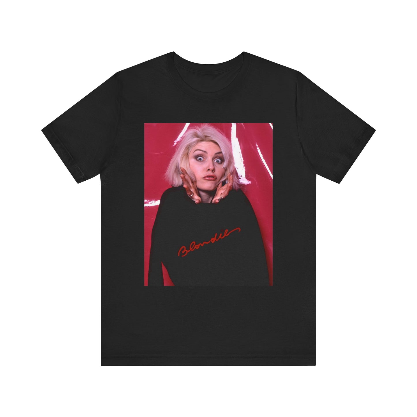 A black graphic t-shirt featuring a graphic related to Blondie's 'Atomic' song or era.