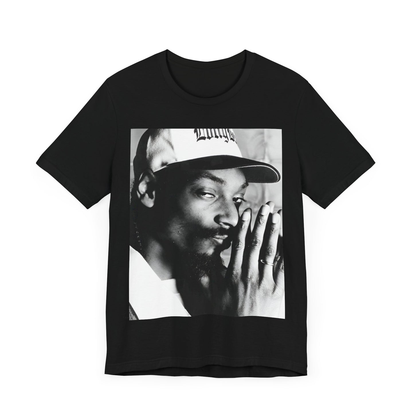 A black graphic t-shirt featuring a cool black and white graphic or photo of Snoop Dogg as a rapper.