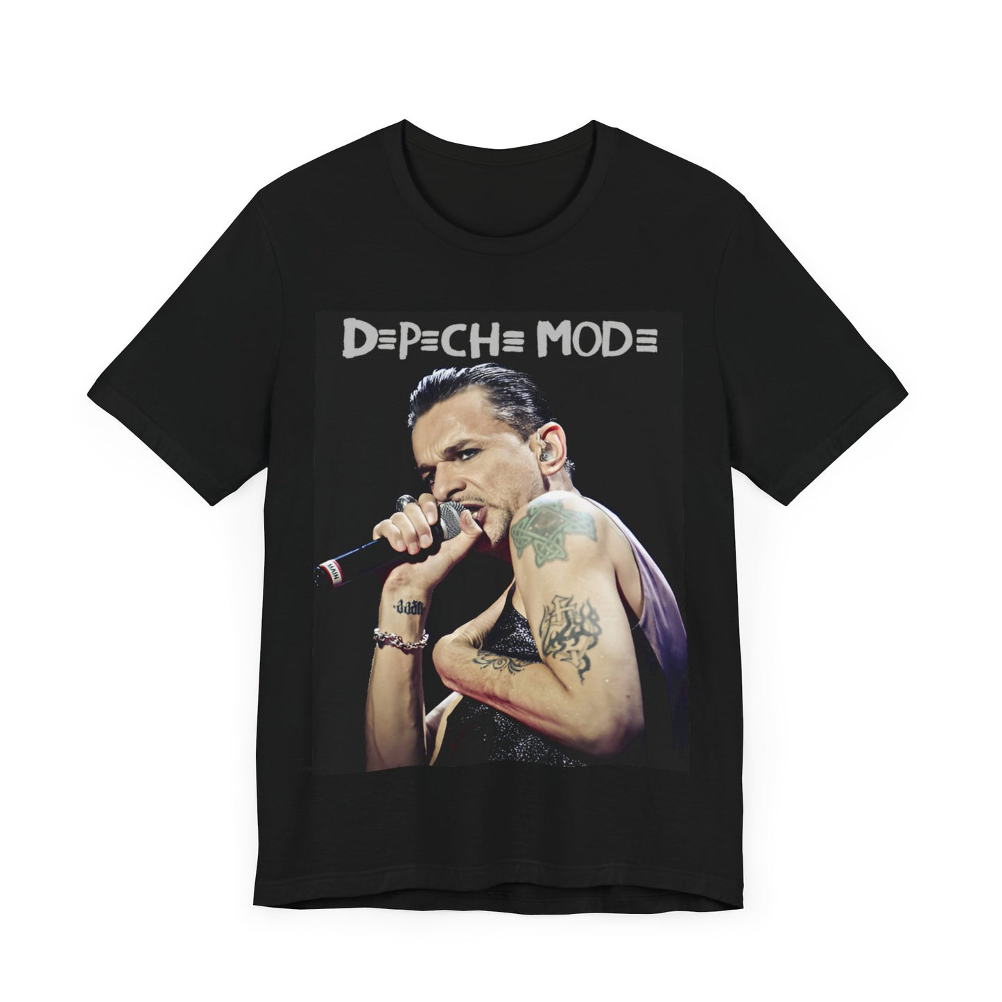A black graphic t-shirt featuring a graphic of Dave Gahan from Depeche Mode, emphasizing his dynamic stage presence.