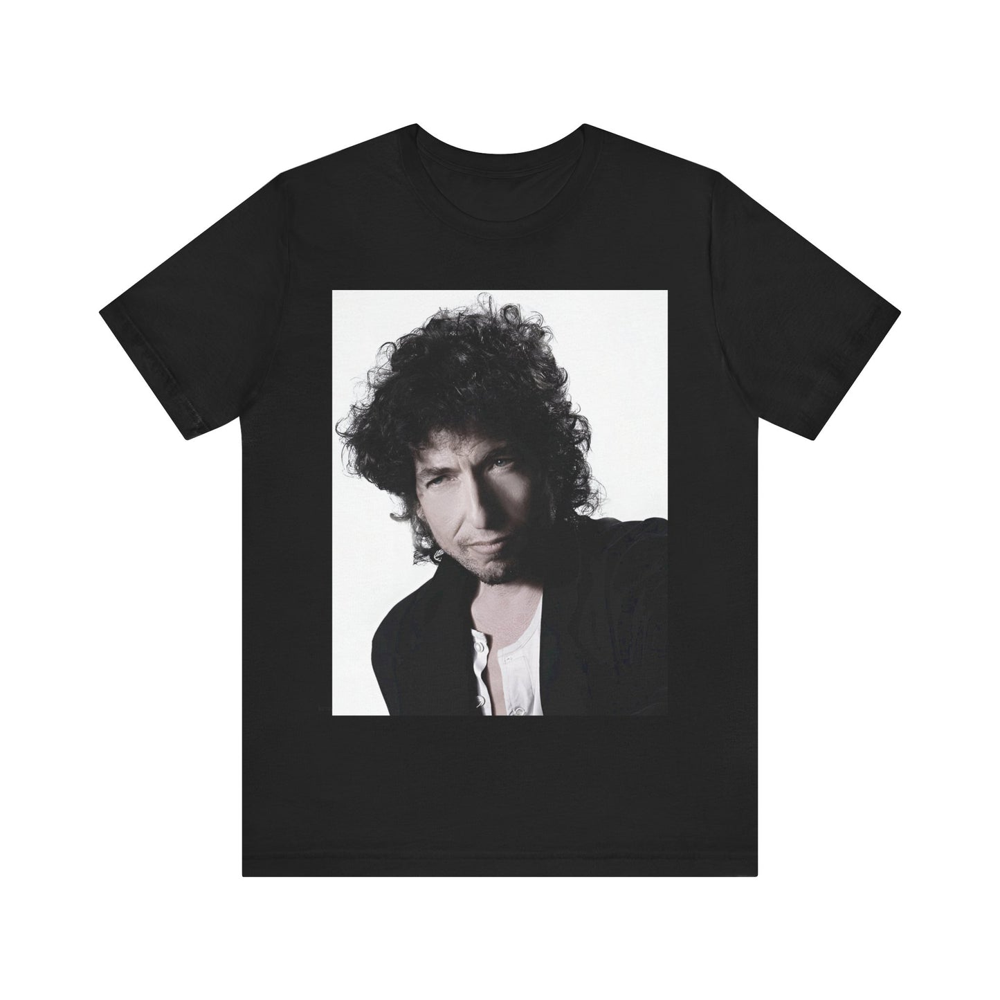A black graphic t-shirt featuring a timeless folk rock graphic of Bob Dylan, possibly with his guitar or harmonica.