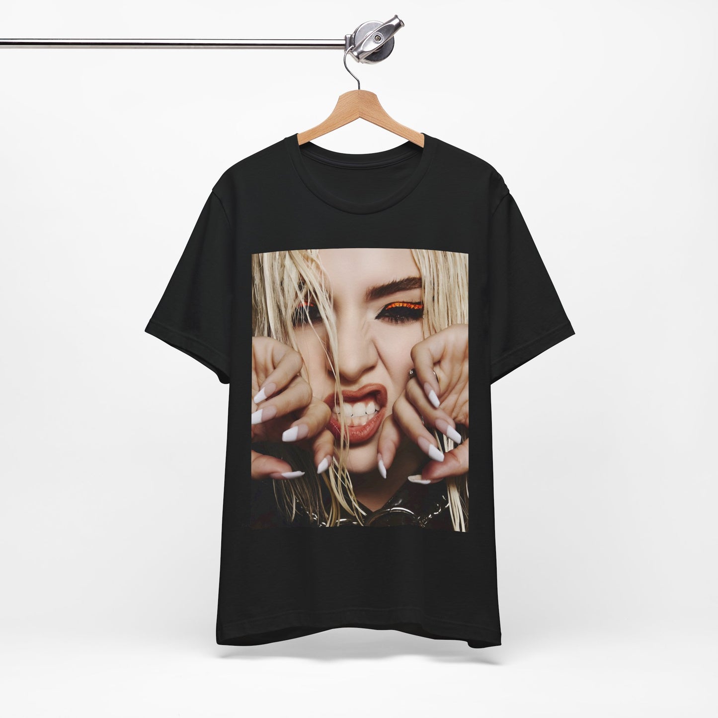 A black graphic t-shirt featuring a graphic of Ava Max with a pop punk aesthetic, possibly with bold lines, vibrant colors, or edgy elements.
