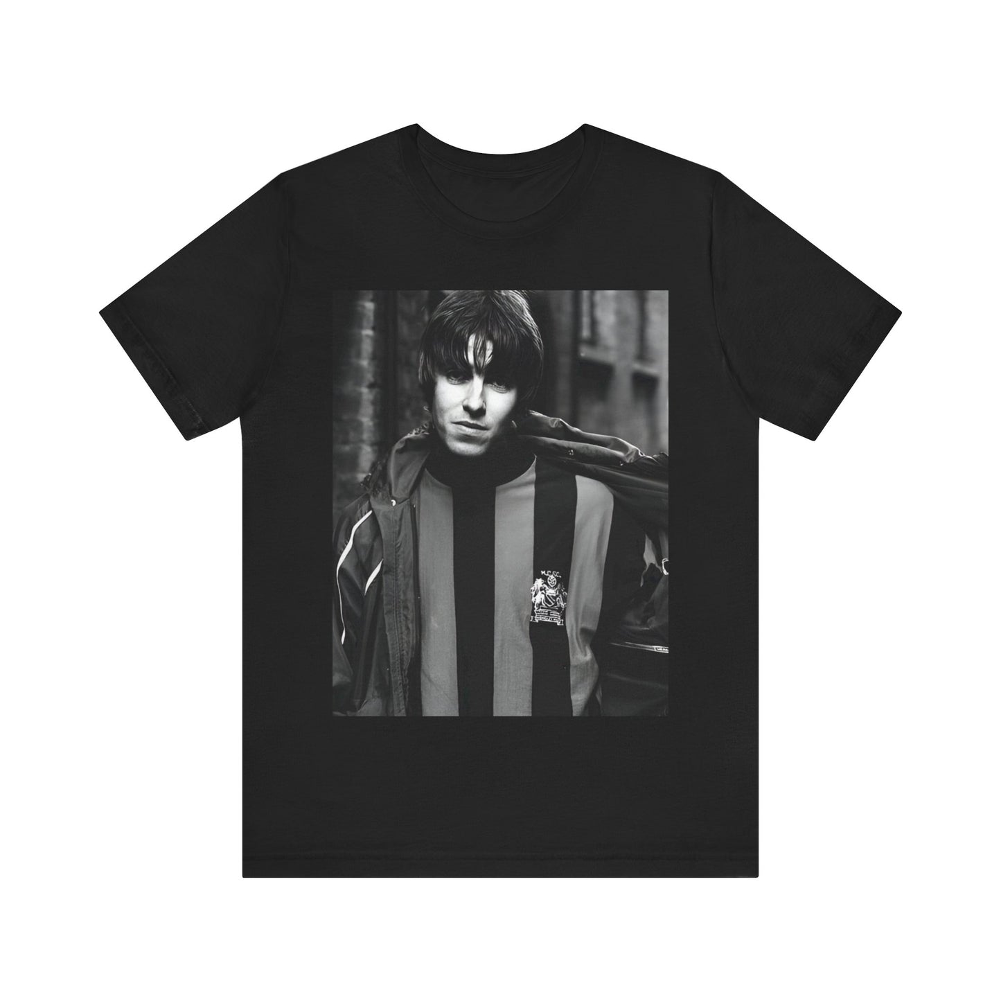 A black graphic t-shirt featuring a photo of Liam Gallagher from Oasis, showing his support for Manchester City.
