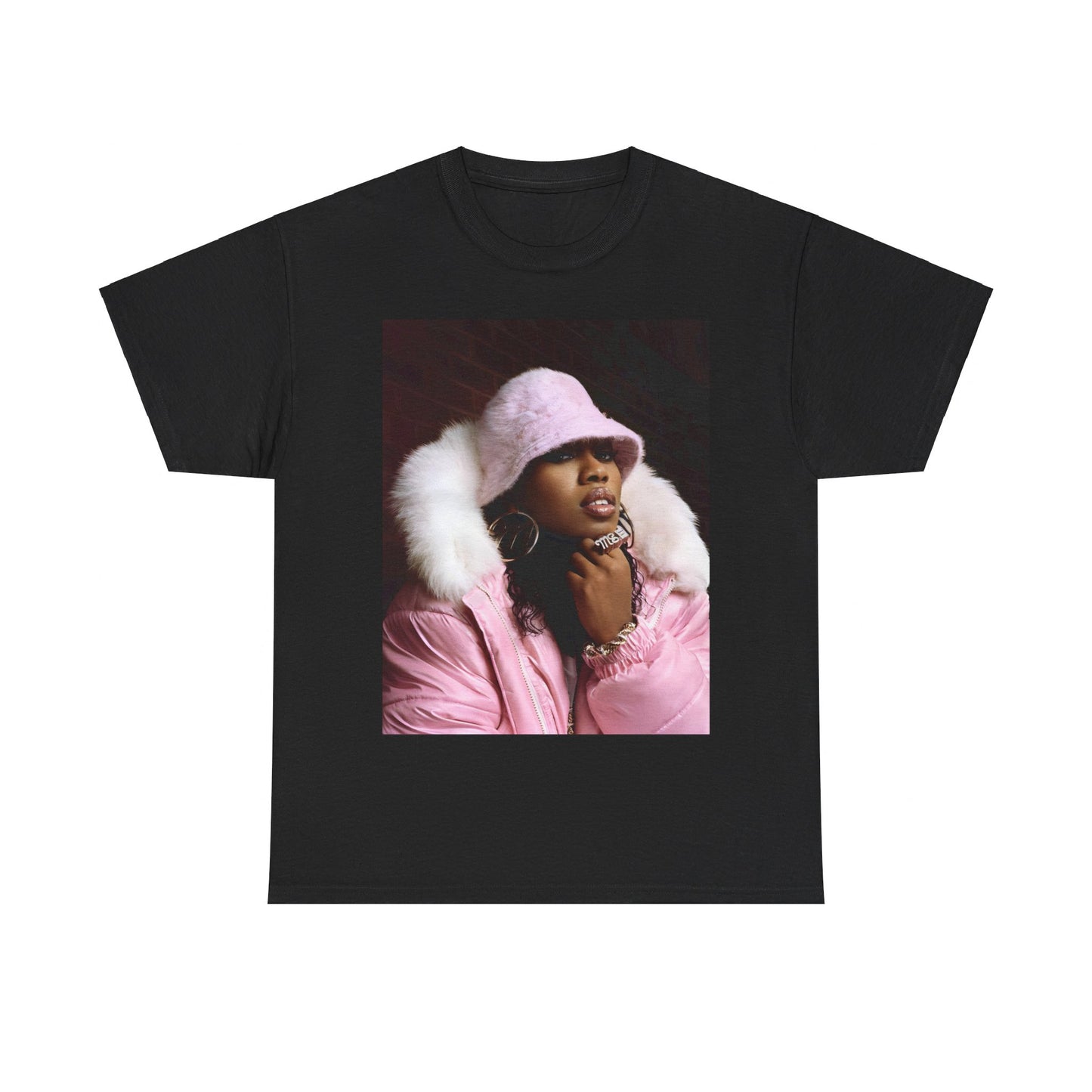 A black graphic t-shirt featuring a graphic of Missy Elliott as an underground hip hop queen.