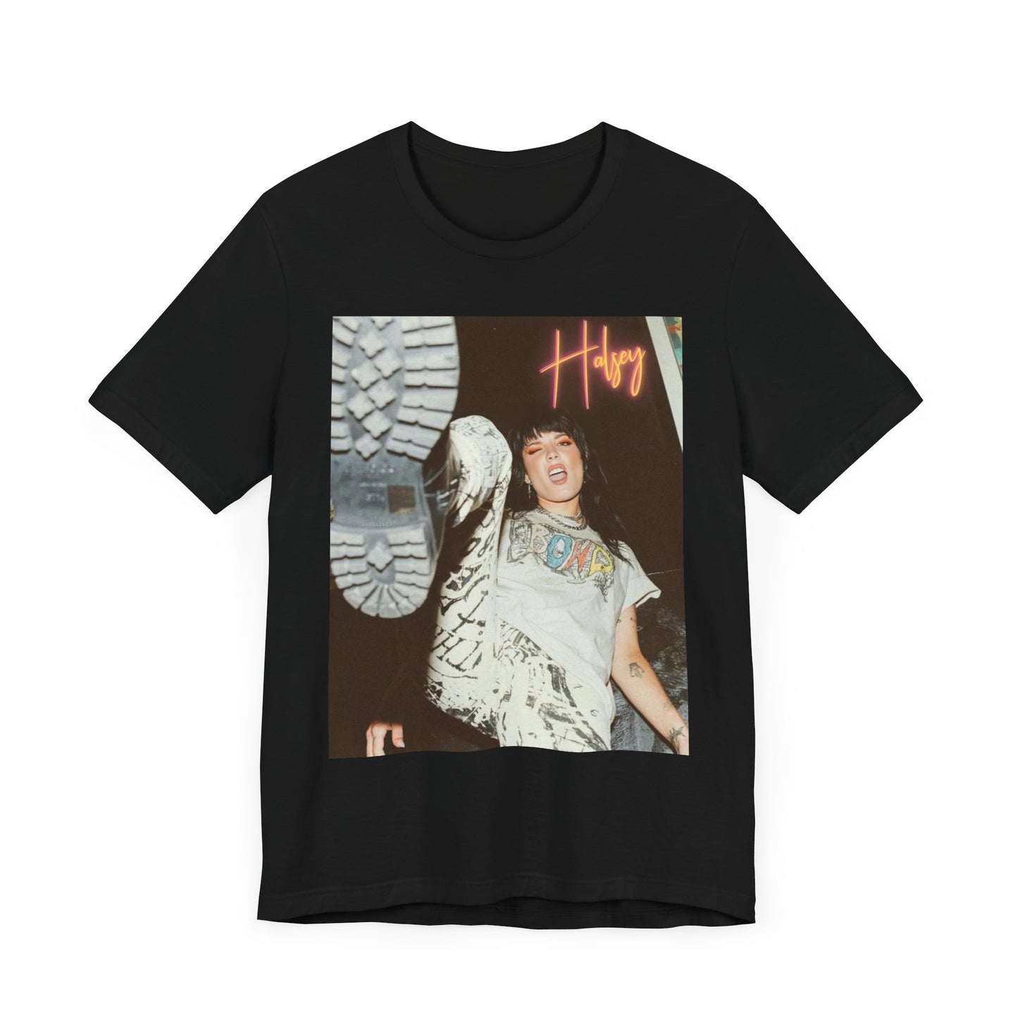 A black graphic t-shirt featuring a graphic of Halsey emphasizing raw emotion.