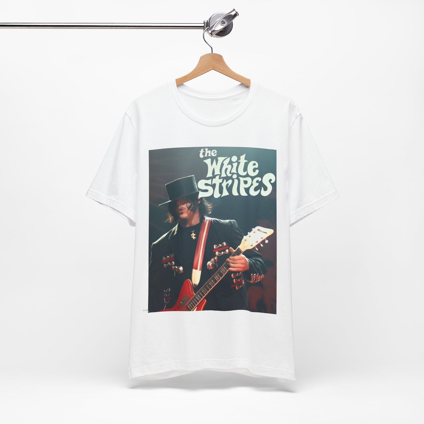 A black graphic t-shirt featuring a graphic of Jack White from The White Stripes as a guitar god.