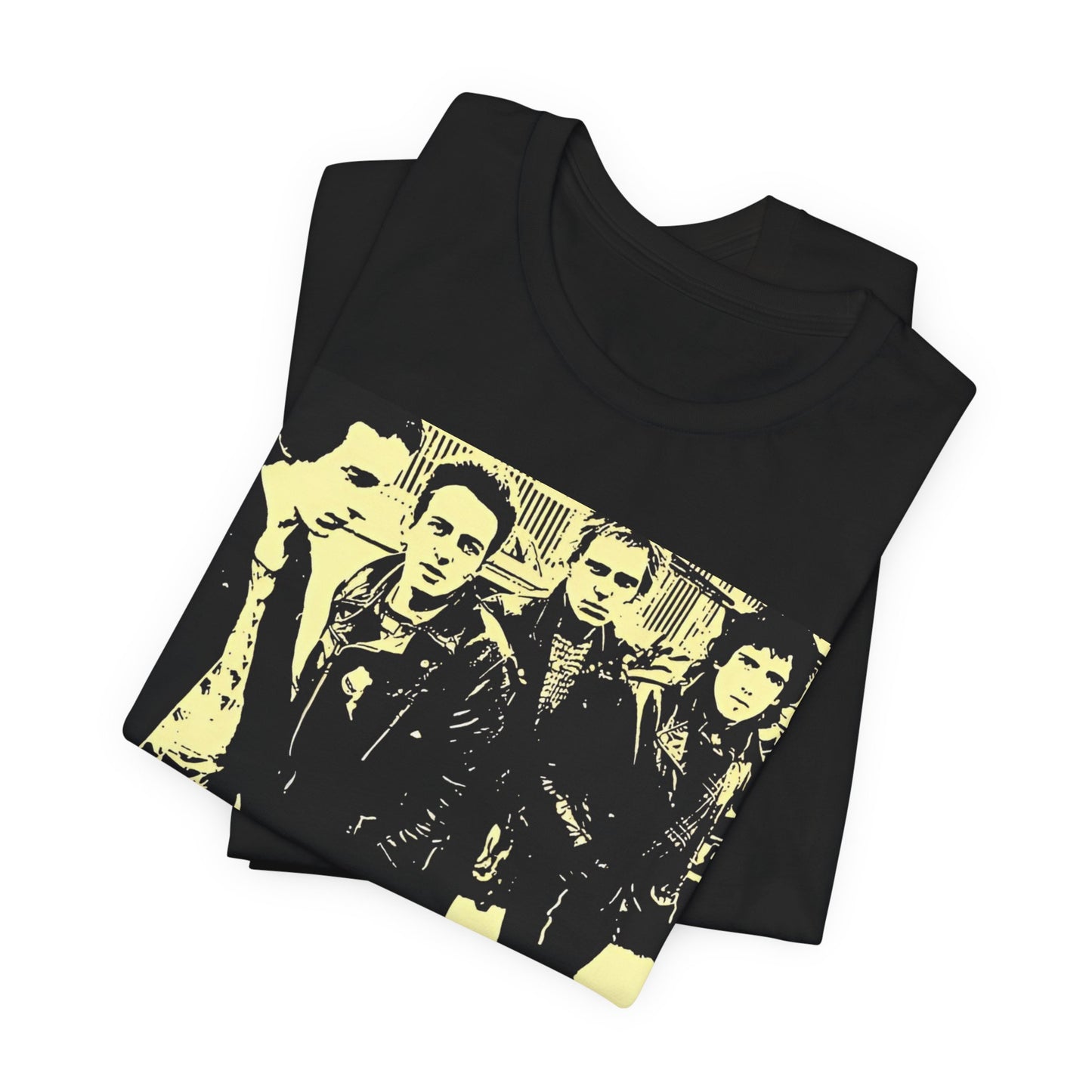 A black graphic t-shirt featuring an anti-establishment rock band graphic of The Clash.