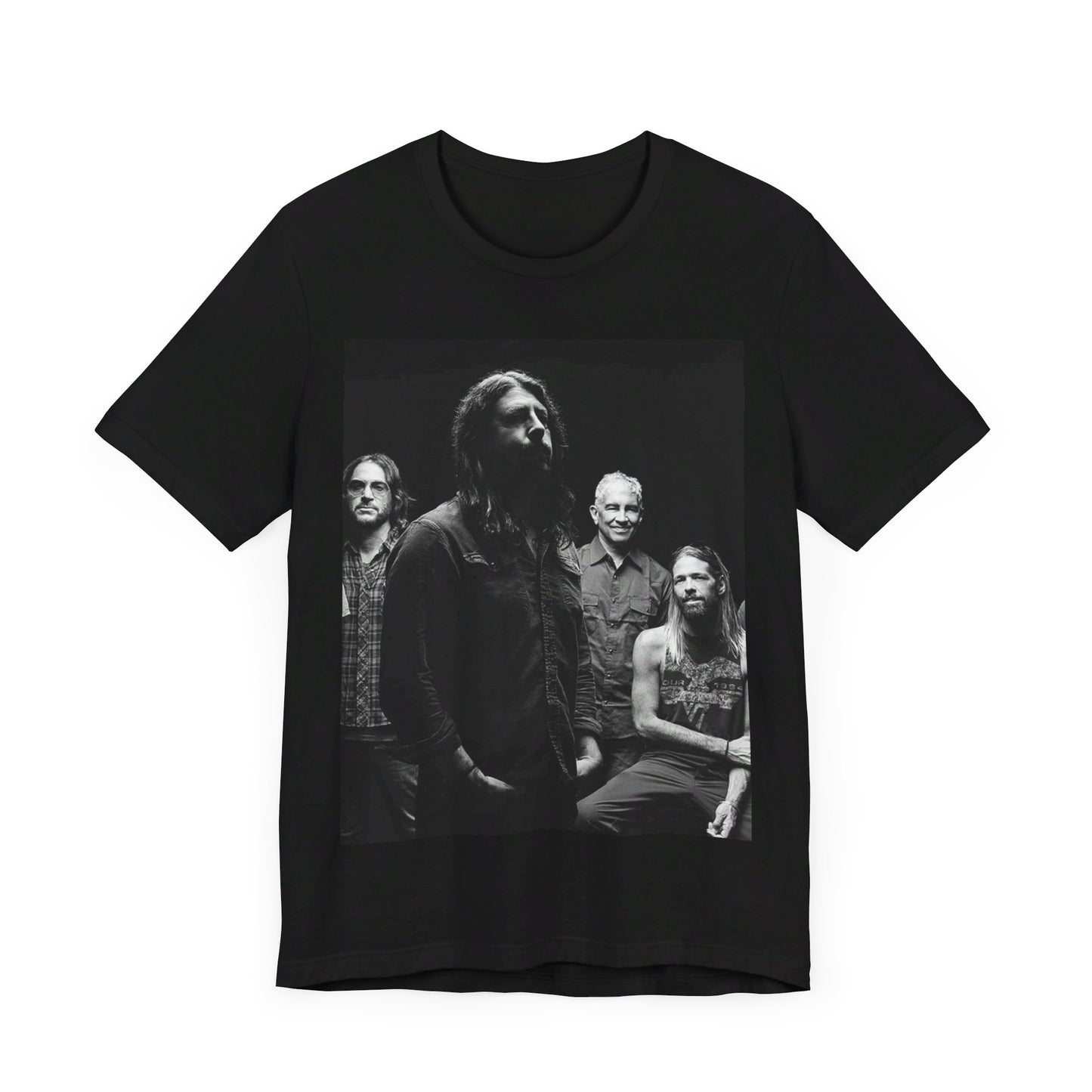 A black graphic t-shirt featuring a black and white, monochrome graphic or photo of Foo Fighters.