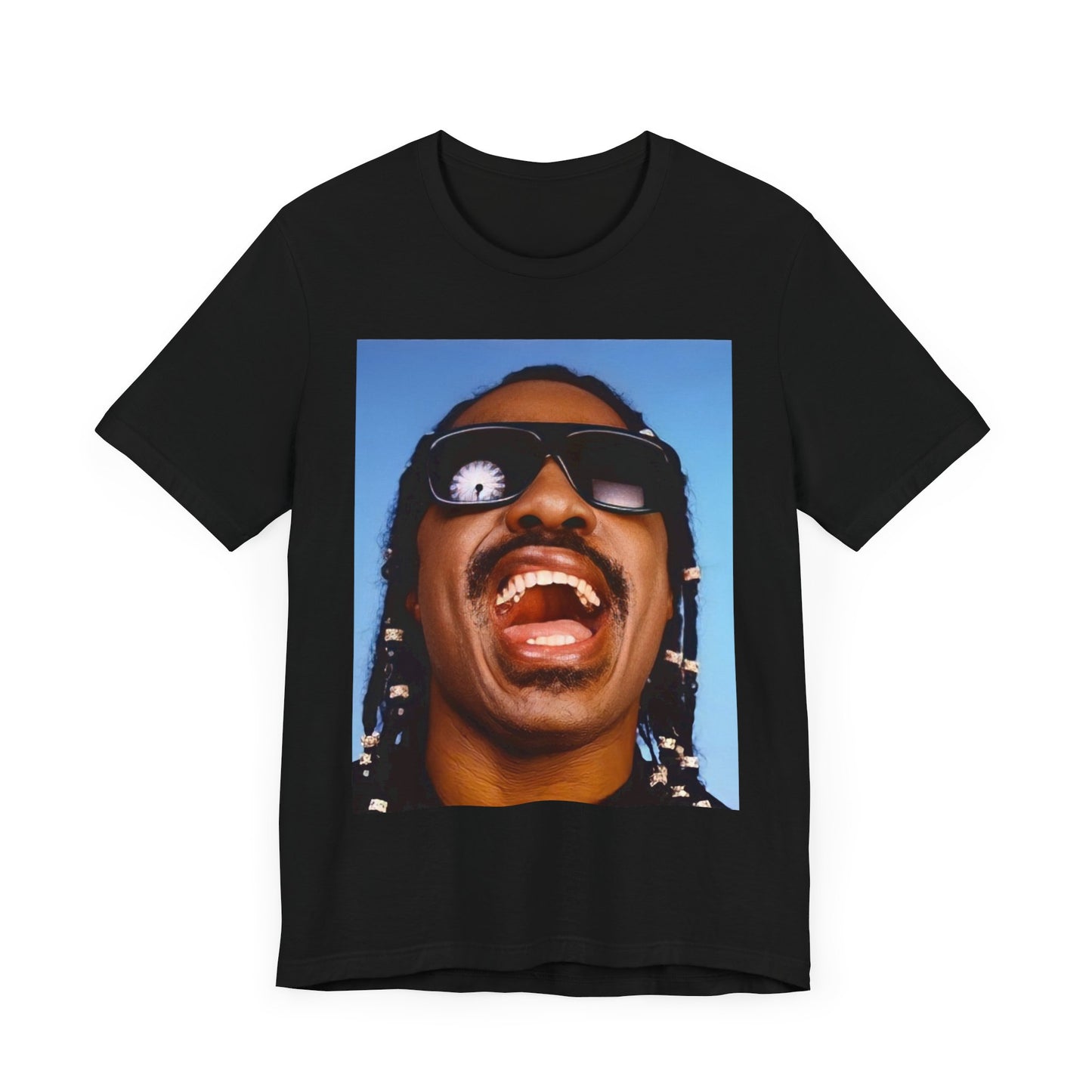 A black graphic t-shirt featuring a bold soul superstar graphic of Stevie Wonder.