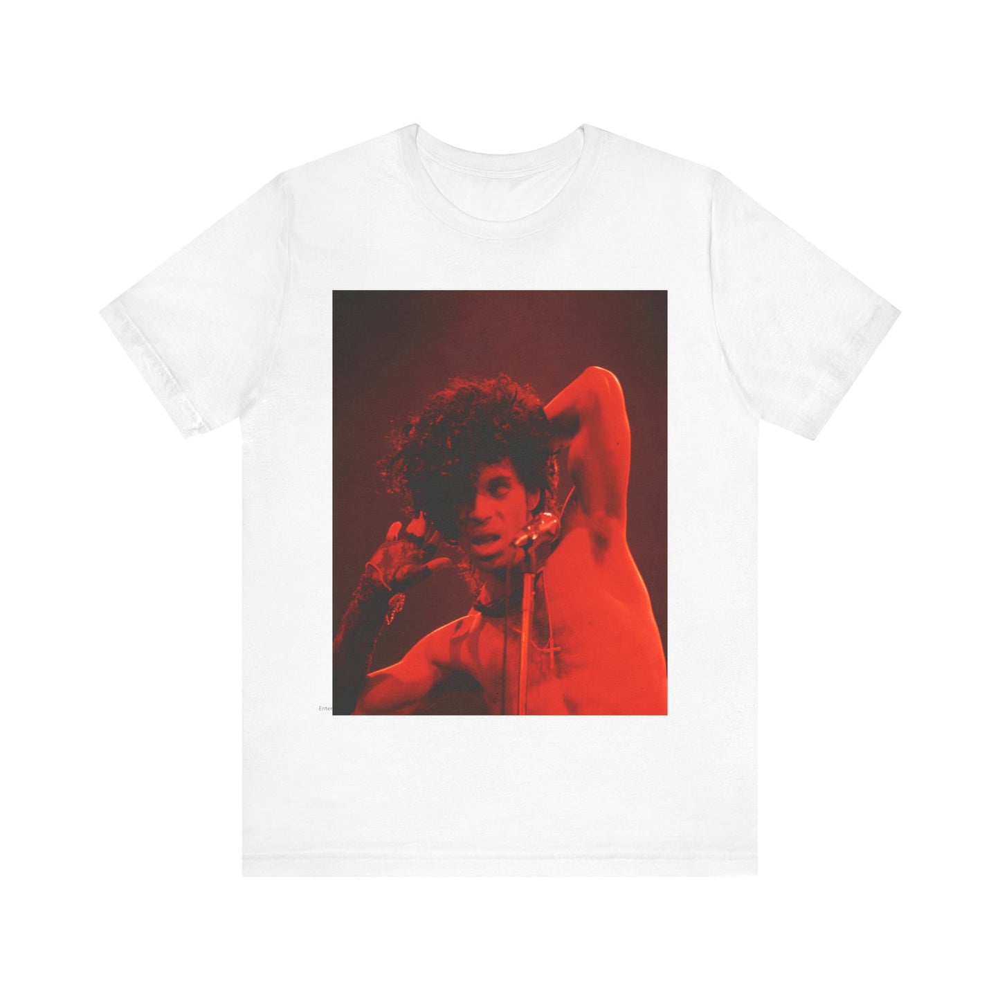 A black graphic t-shirt featuring a concert pop fan graphic of Prince.