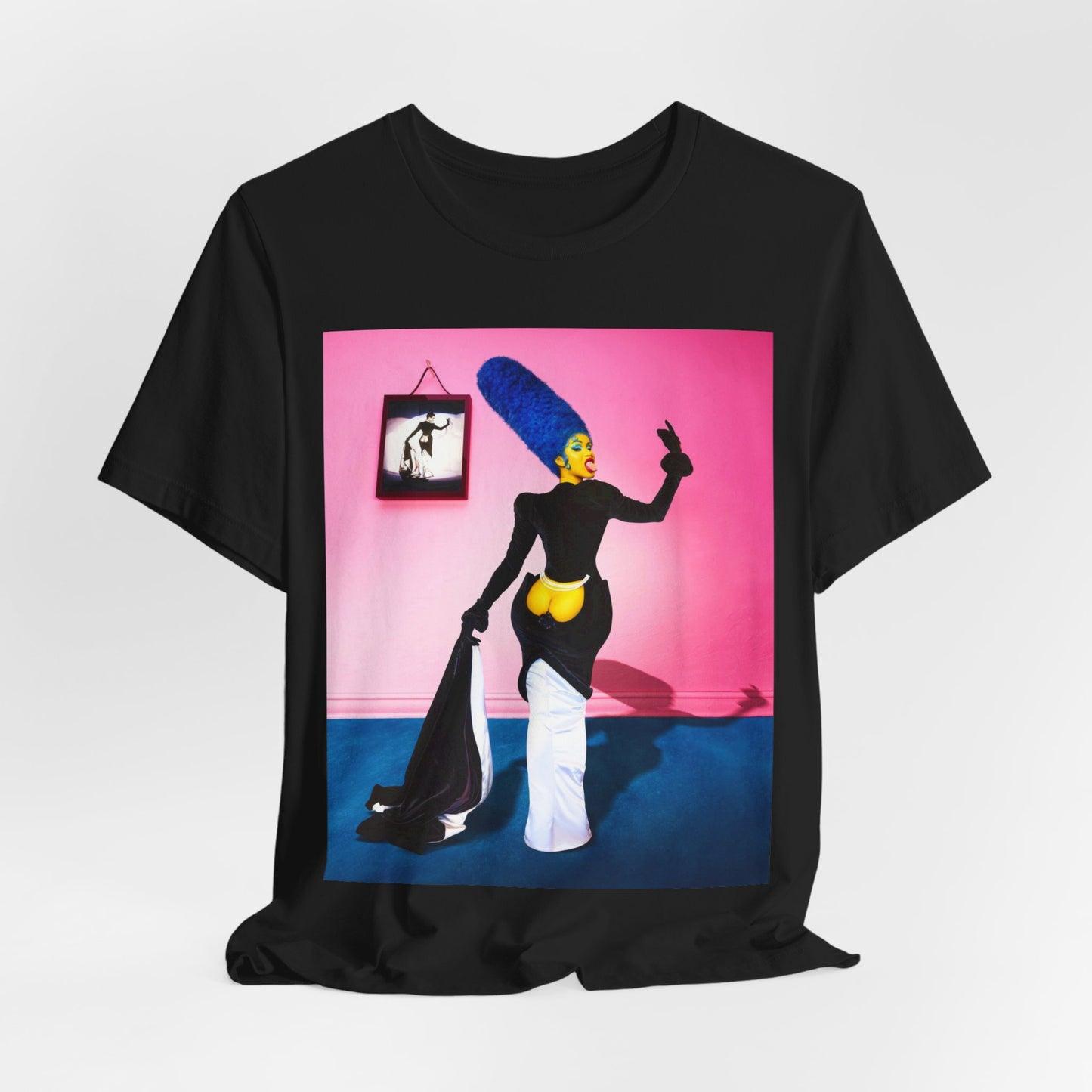 A black graphic t-shirt featuring a photo or graphic of Cardi B blended with elements or characters from The Simpsons.