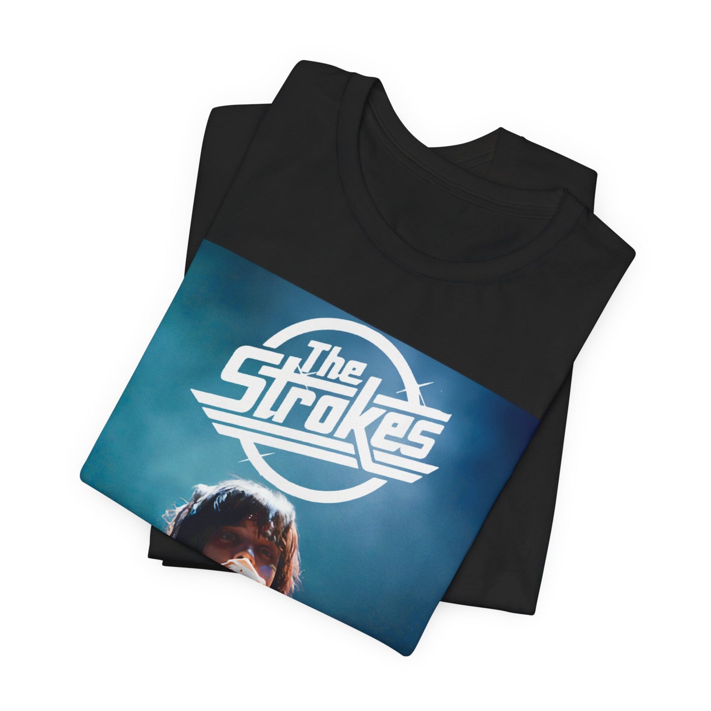 A black graphic t-shirt featuring a portrait or graphic of Julian Casablancas from The Strokes.