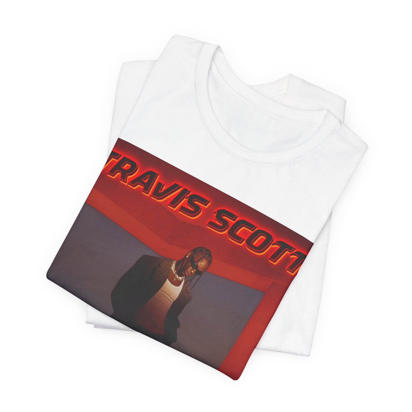 A black graphic t-shirt featuring a graphic of Travis Scott with a dreamy rap soundscape aesthetic.