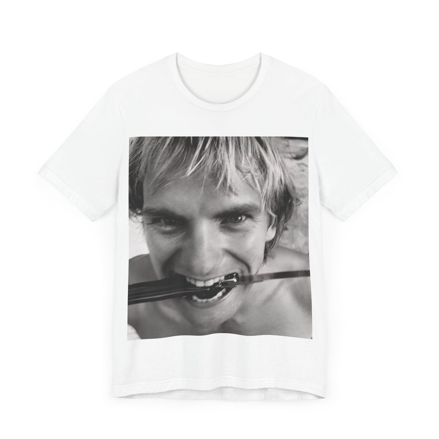 A black graphic t-shirt featuring a wild photo graphic of Sting.
