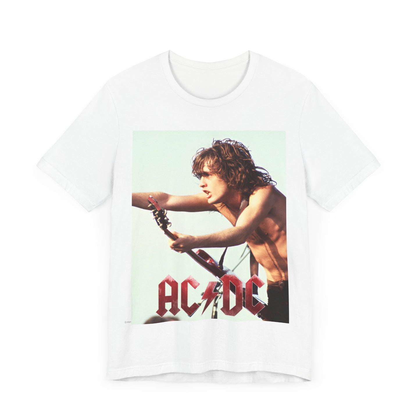A black graphic t-shirt featuring the classic AC/DC lightning bolt logo prominently displayed, symbolizing the band's origins.