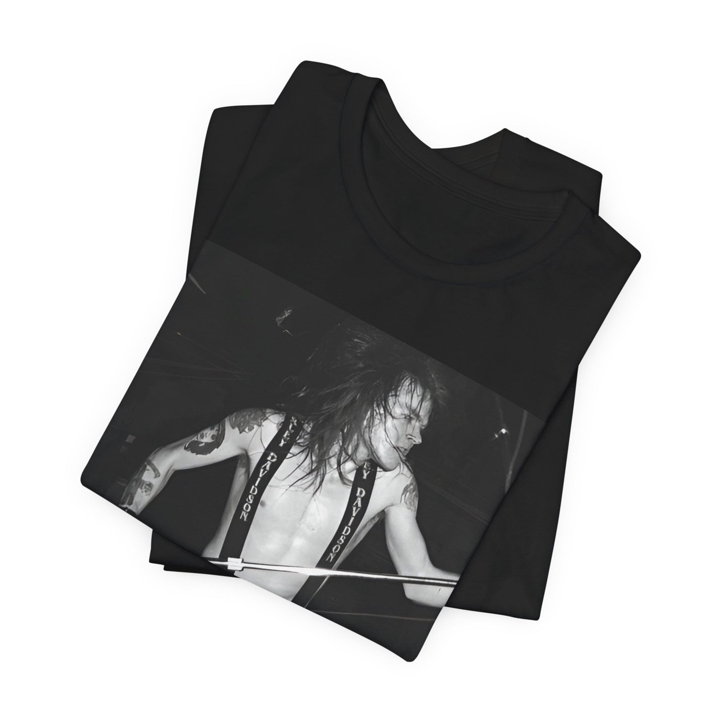 A black graphic t-shirt featuring a graphic of Axl Rose from Guns N' Roses from the 80s as the frontman.