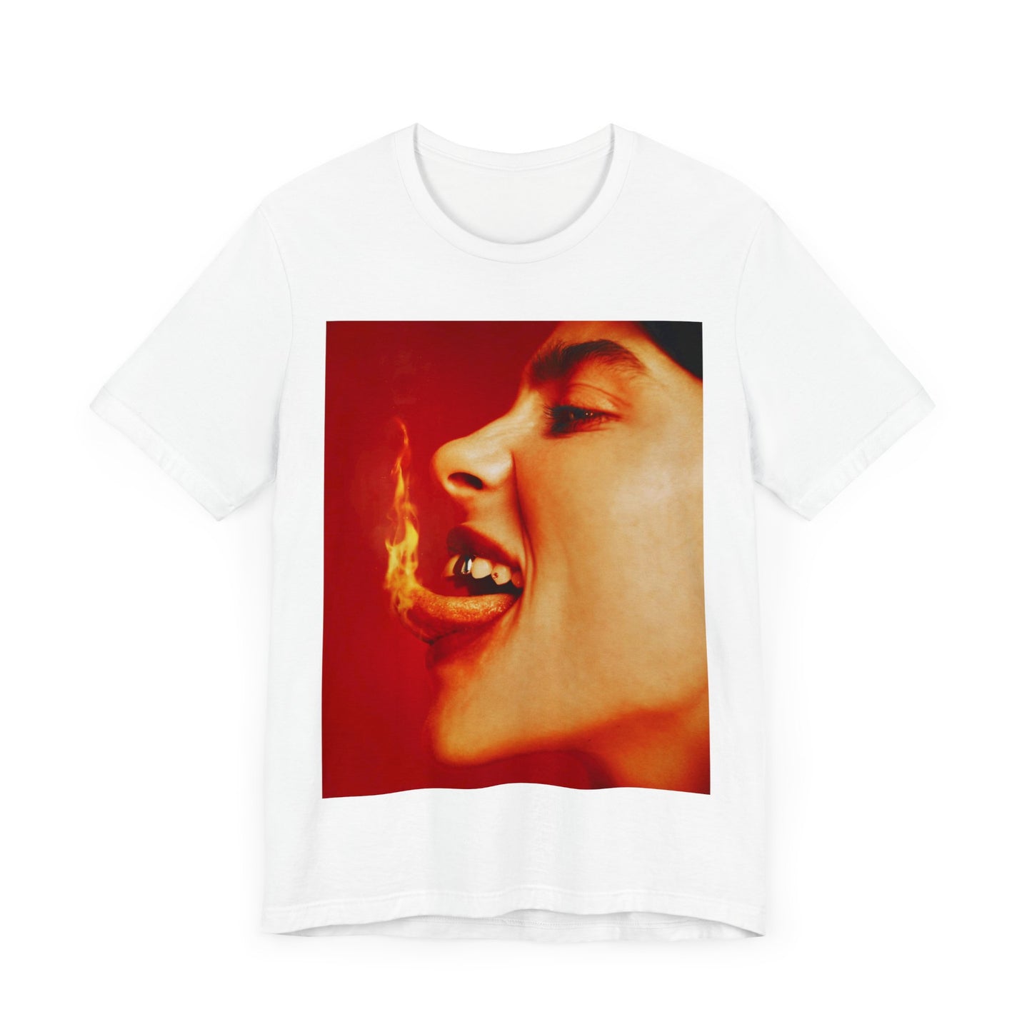 A close-up, red-toned photo of a face in profile with its mouth open and a live flame on the tongue, printed on a graphic t-shirt.