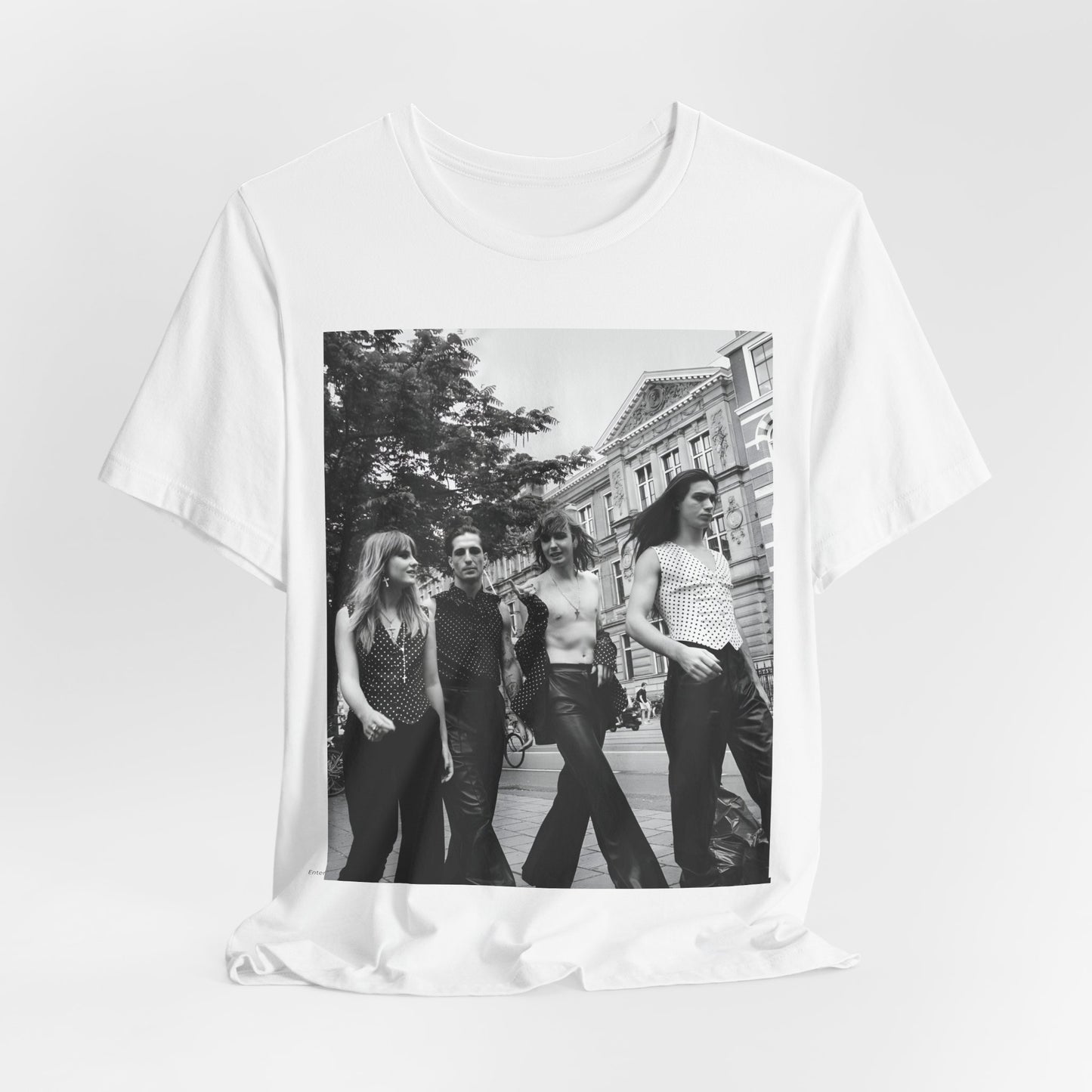 A black graphic t-shirt featuring a retro black and white monochrome graphic or photo of Maneskin.