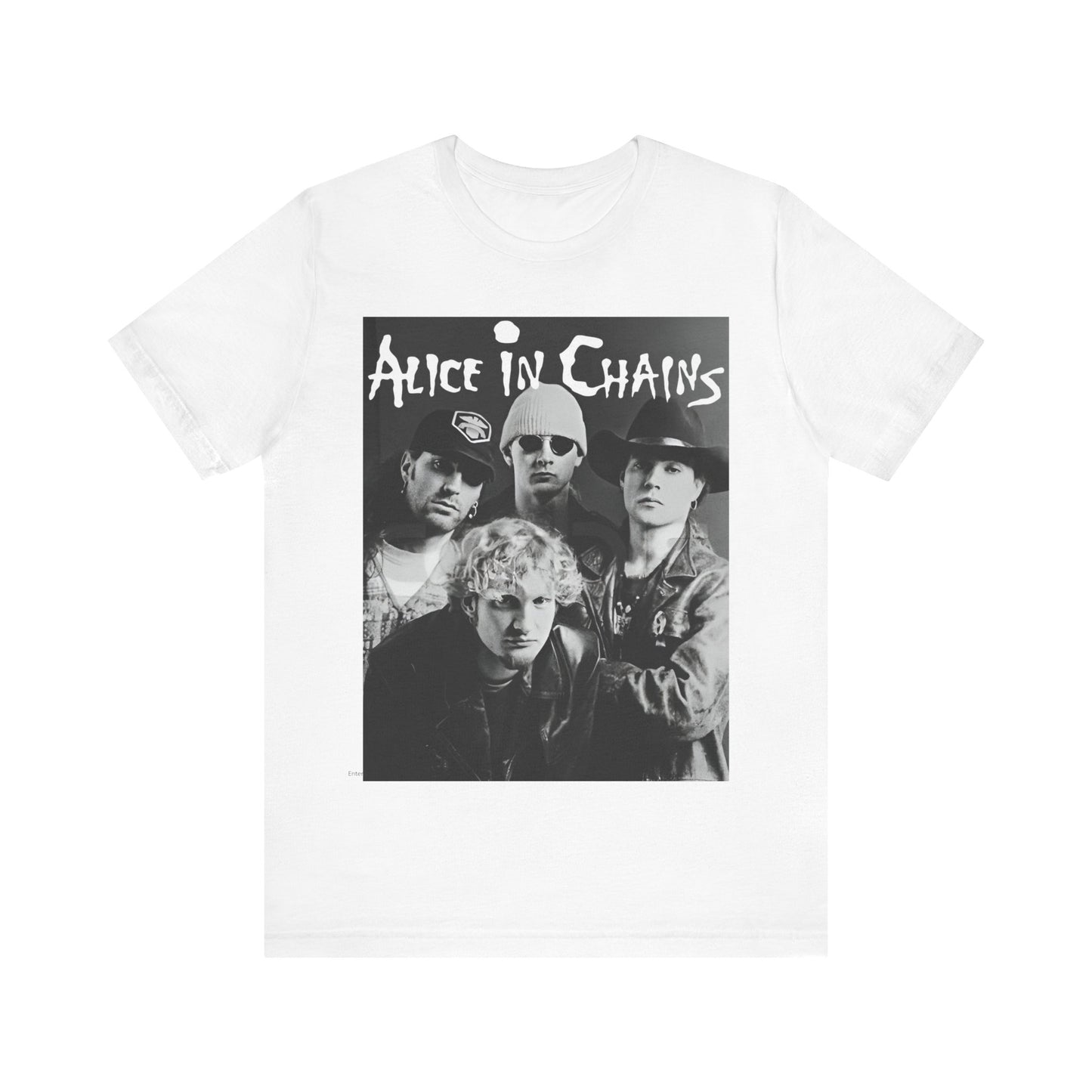 A black graphic t-shirt featuring a black and white photographic portrait of the band Alice In Chains, capturing their iconic grunge look.