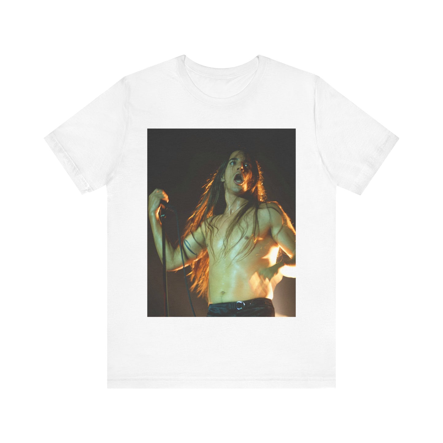 A black graphic t-shirt featuring a graphic or photo of Red Hot Chili Peppers performing live on stage.