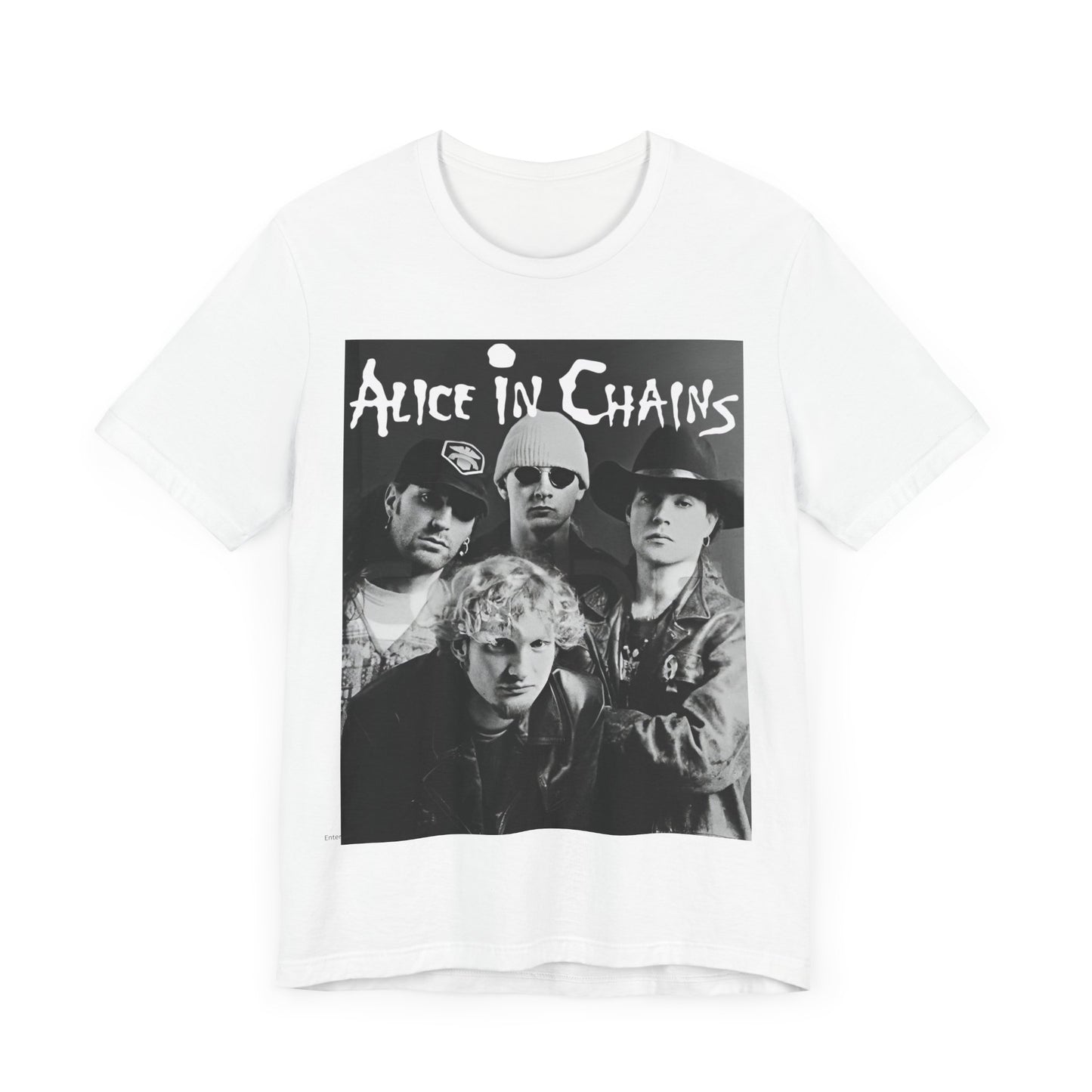 A black graphic t-shirt featuring a black and white photographic portrait of the band Alice In Chains, capturing their iconic grunge look.
