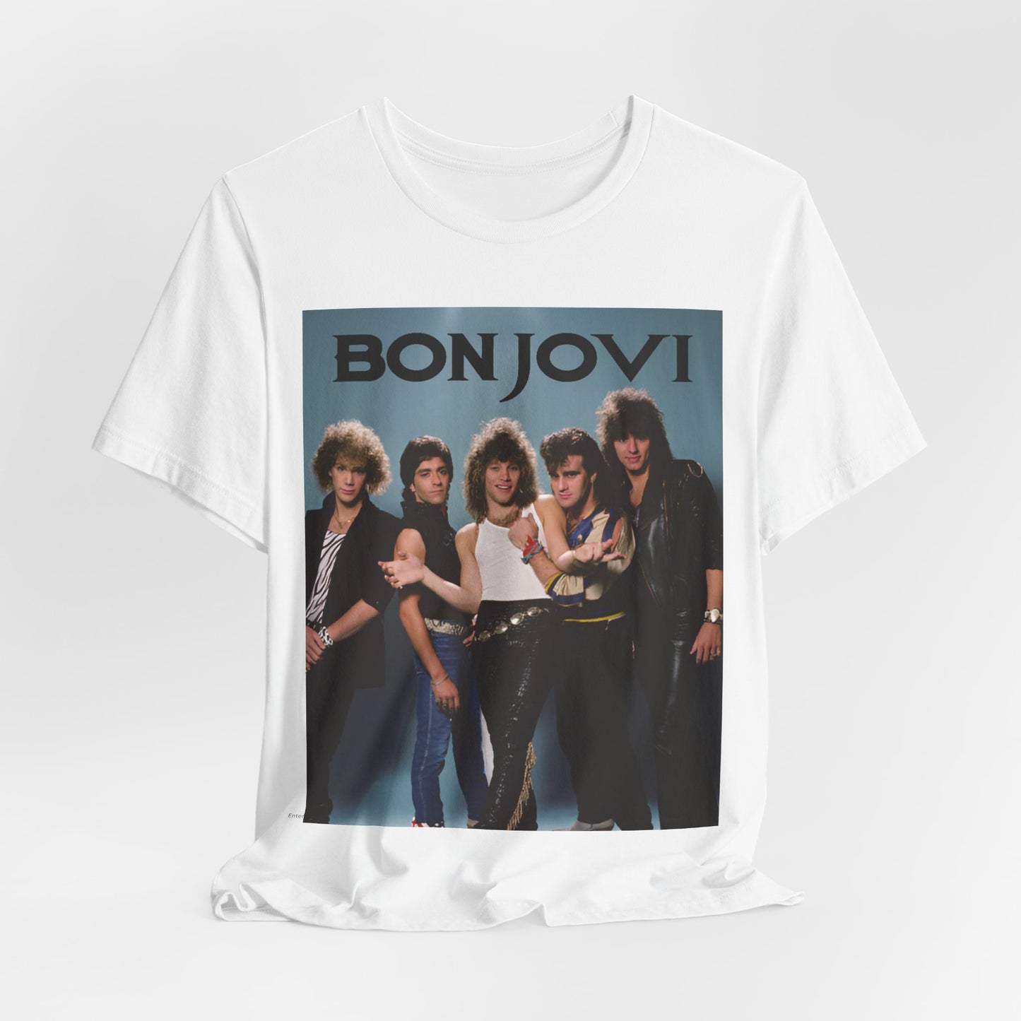 A black graphic t-shirt featuring a retro graphic inspired by Bon Jovi's 'Slippery When Wet' album art.
