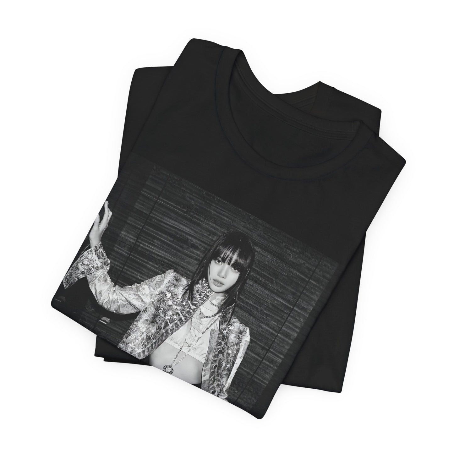 A black graphic t-shirt featuring a black and white, monochrome graphic or photo of Lisa.