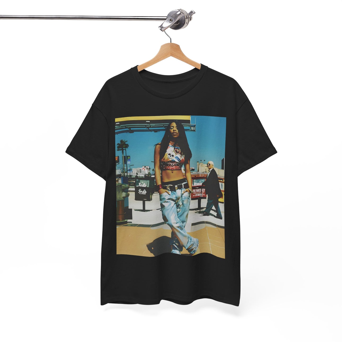 A black graphic t-shirt featuring a casual R&B fan graphic of Aaliyah.