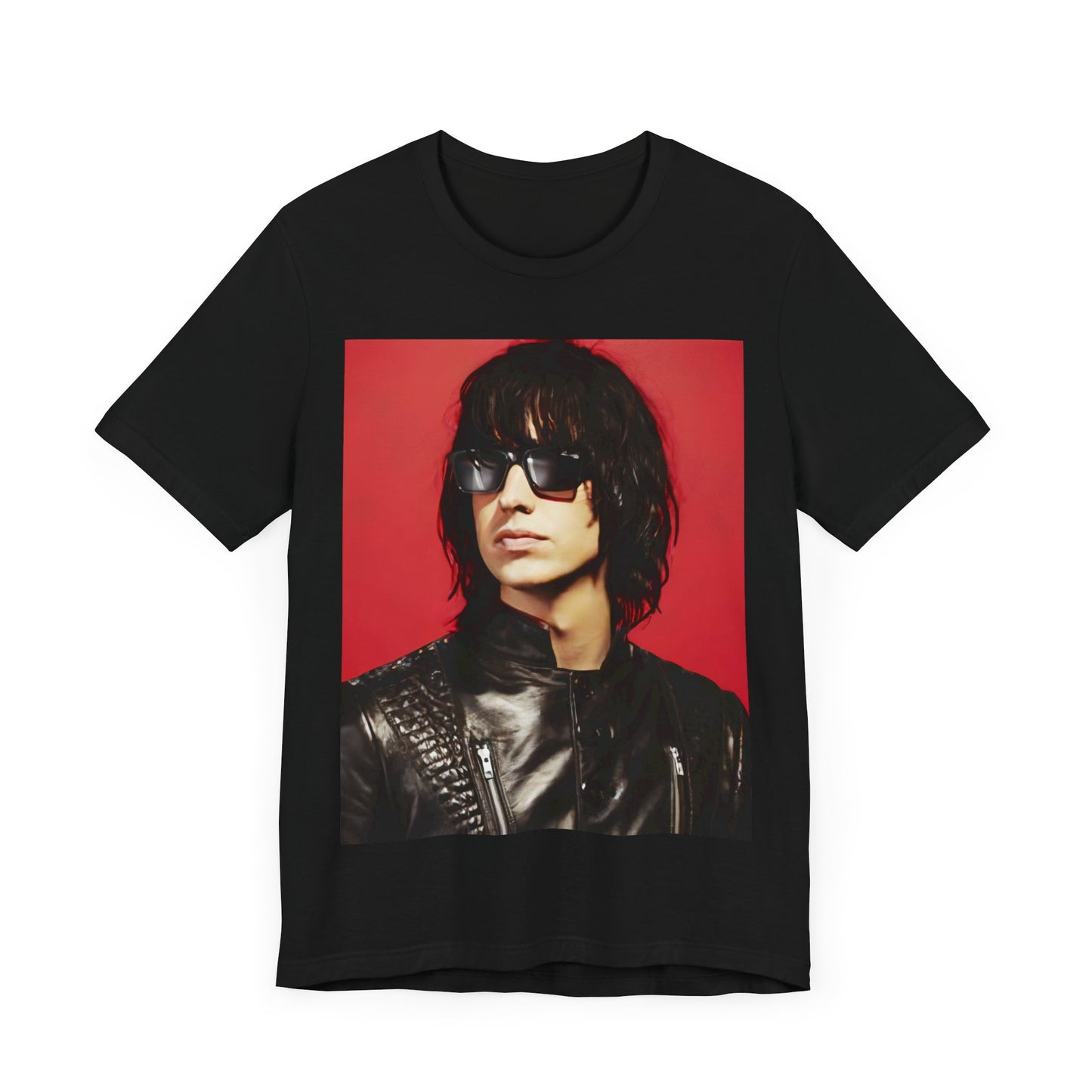 A black graphic t-shirt featuring a 2000s indie aesthetic graphic of Julian Casablancas from The Strokes.