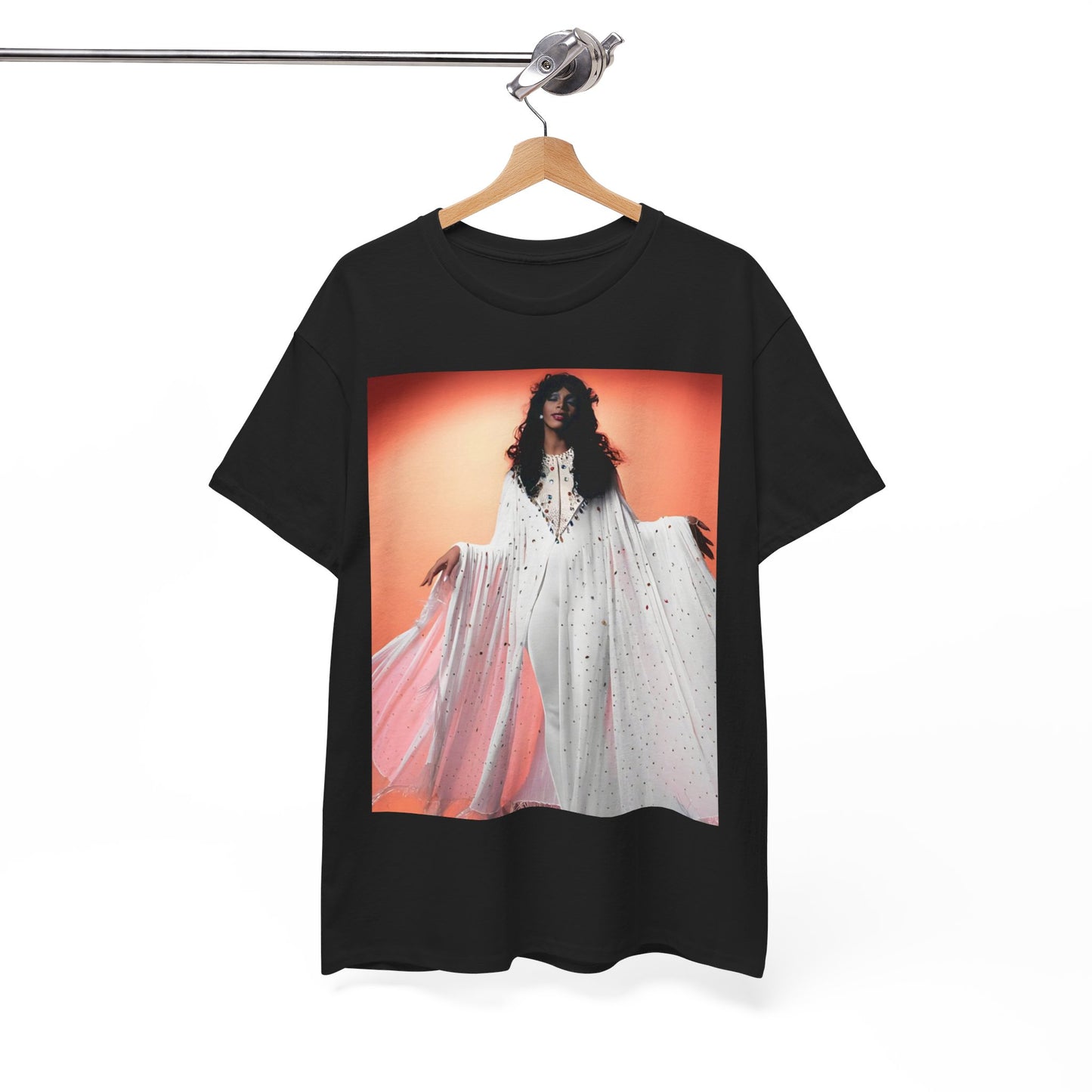 A black graphic t-shirt featuring a classic 70s disco graphic of Donna Summer.