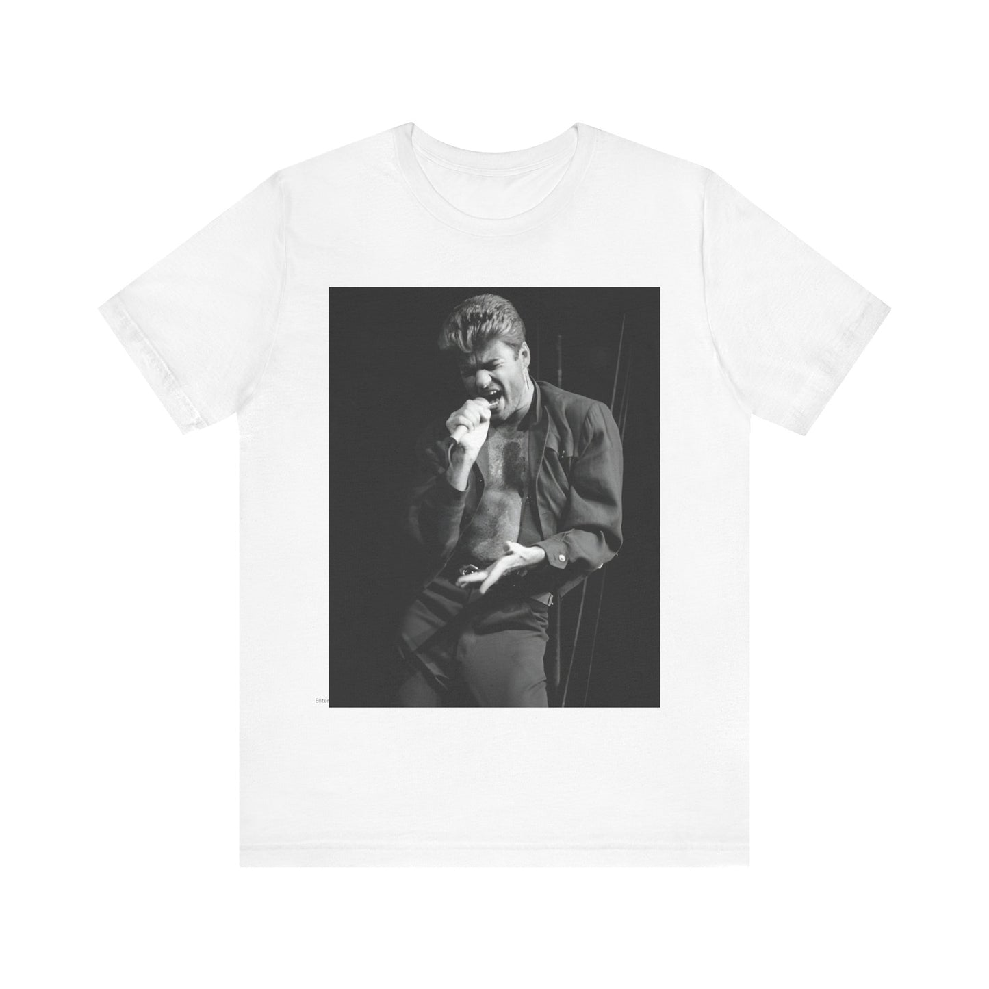 A black graphic t-shirt featuring a glamorous photo or graphic of George Michael performing live.